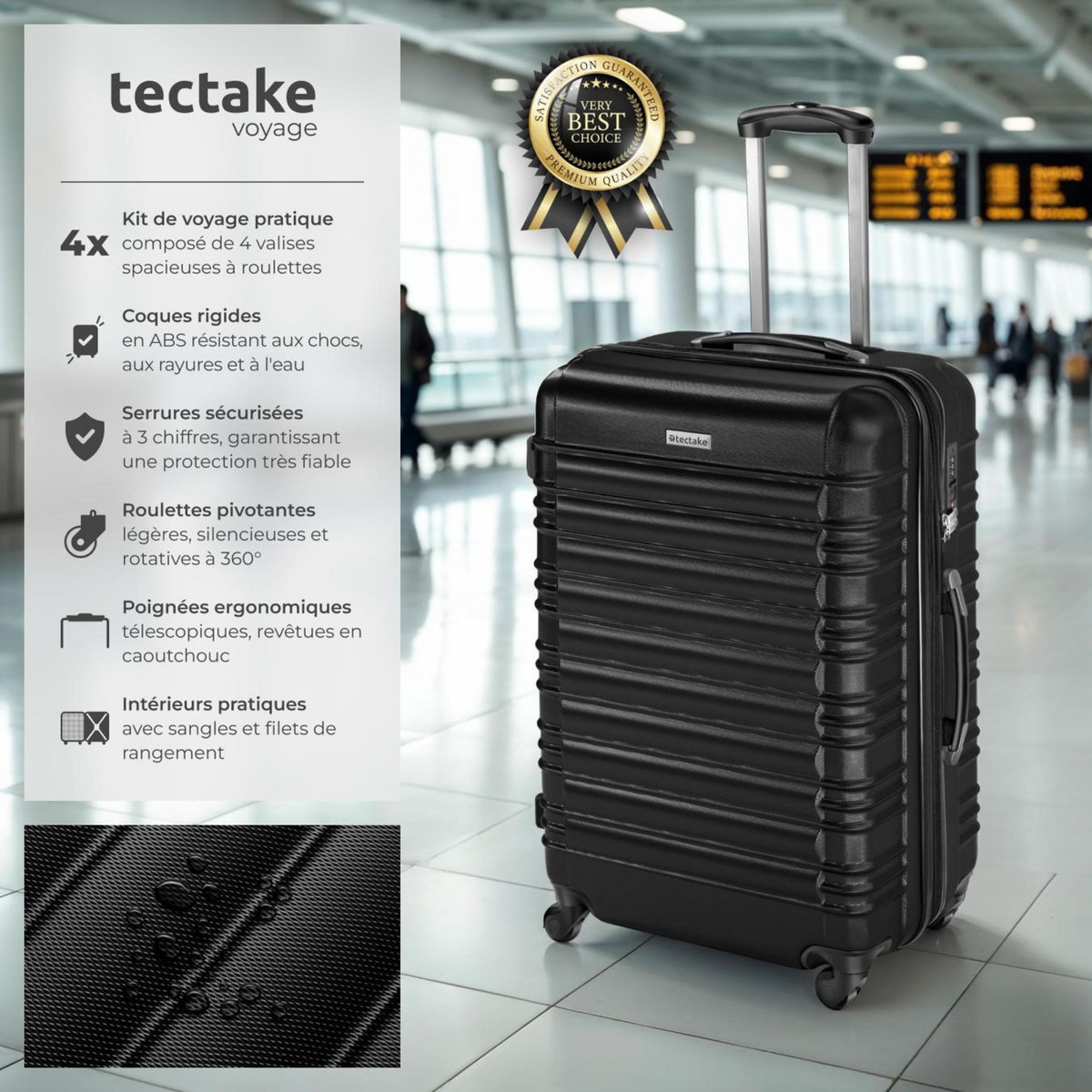 tectake Set de valises trolley rigides 4 parties, en plastique ABS robuste noir