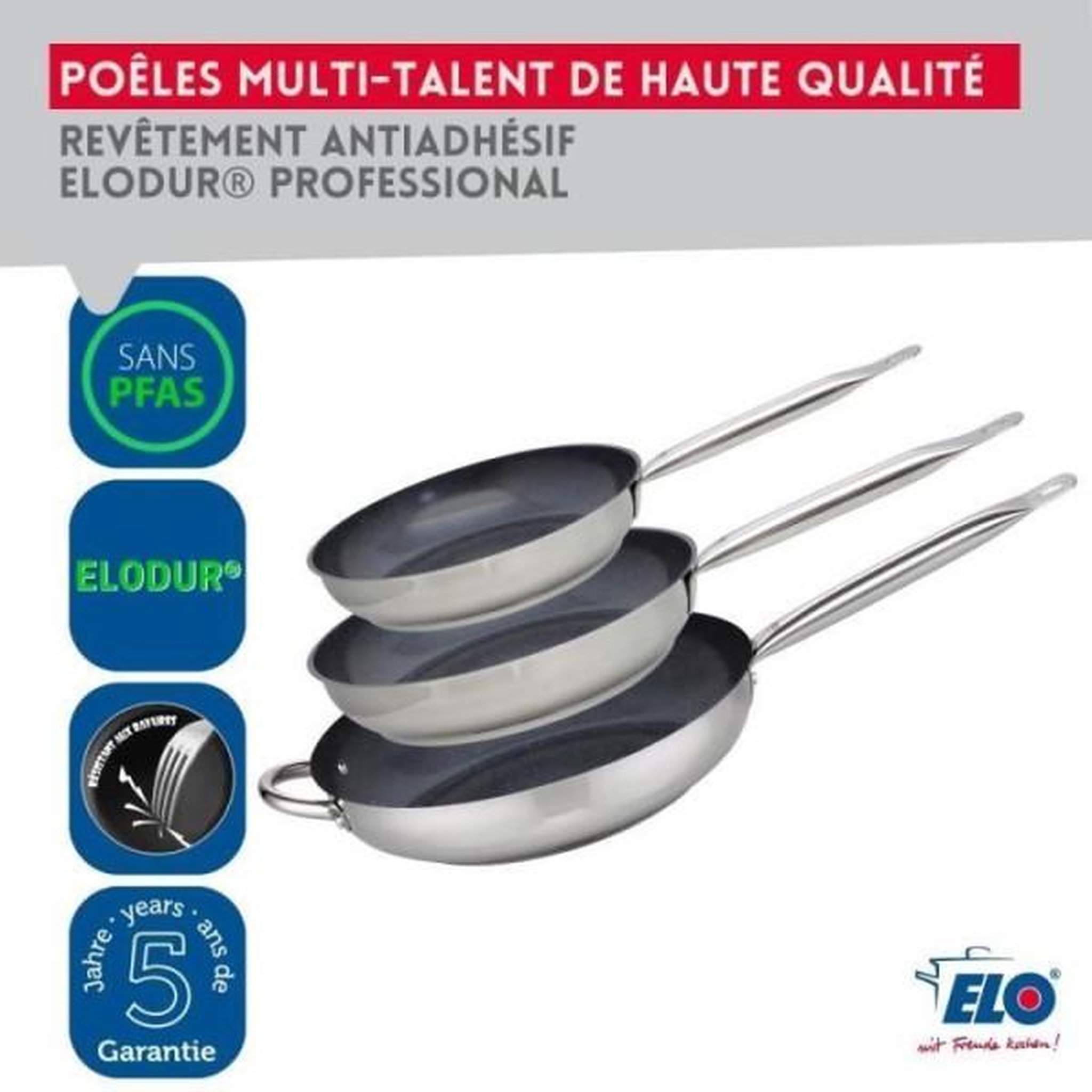 Voir la diapositive 4 : ELO Set de 3 poeles a induction - elo - professional - inox 18/10 elodur - ø 24-28 et 32 cm