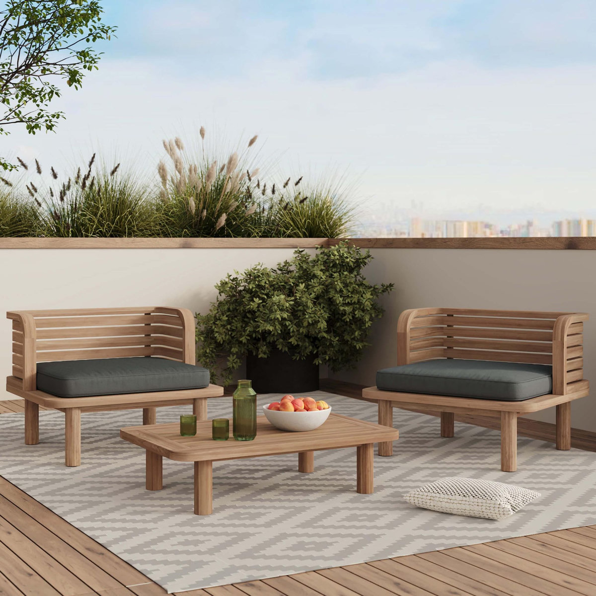 Rendez vous déco Salon de jardin 2 places en teck et tissu gris, 2 fauteuils-Kilda
