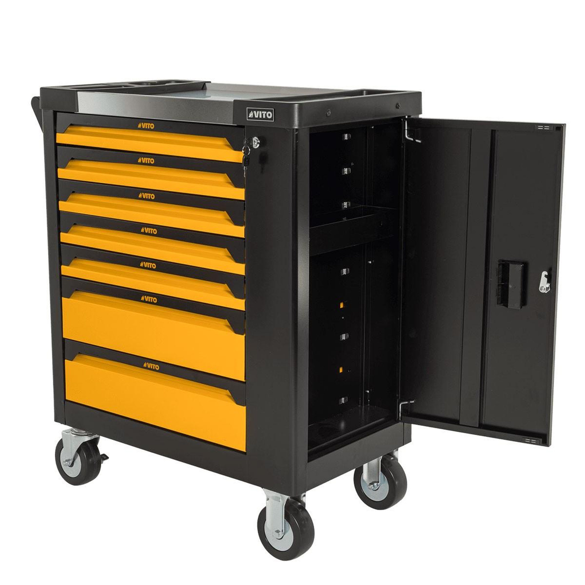 Voir la diapositive 2 : VITO Servante d'atelier 7 tiroirs porte latérale 4 roues verrou à clef chariot à outils charge 35 à 45 kg vito