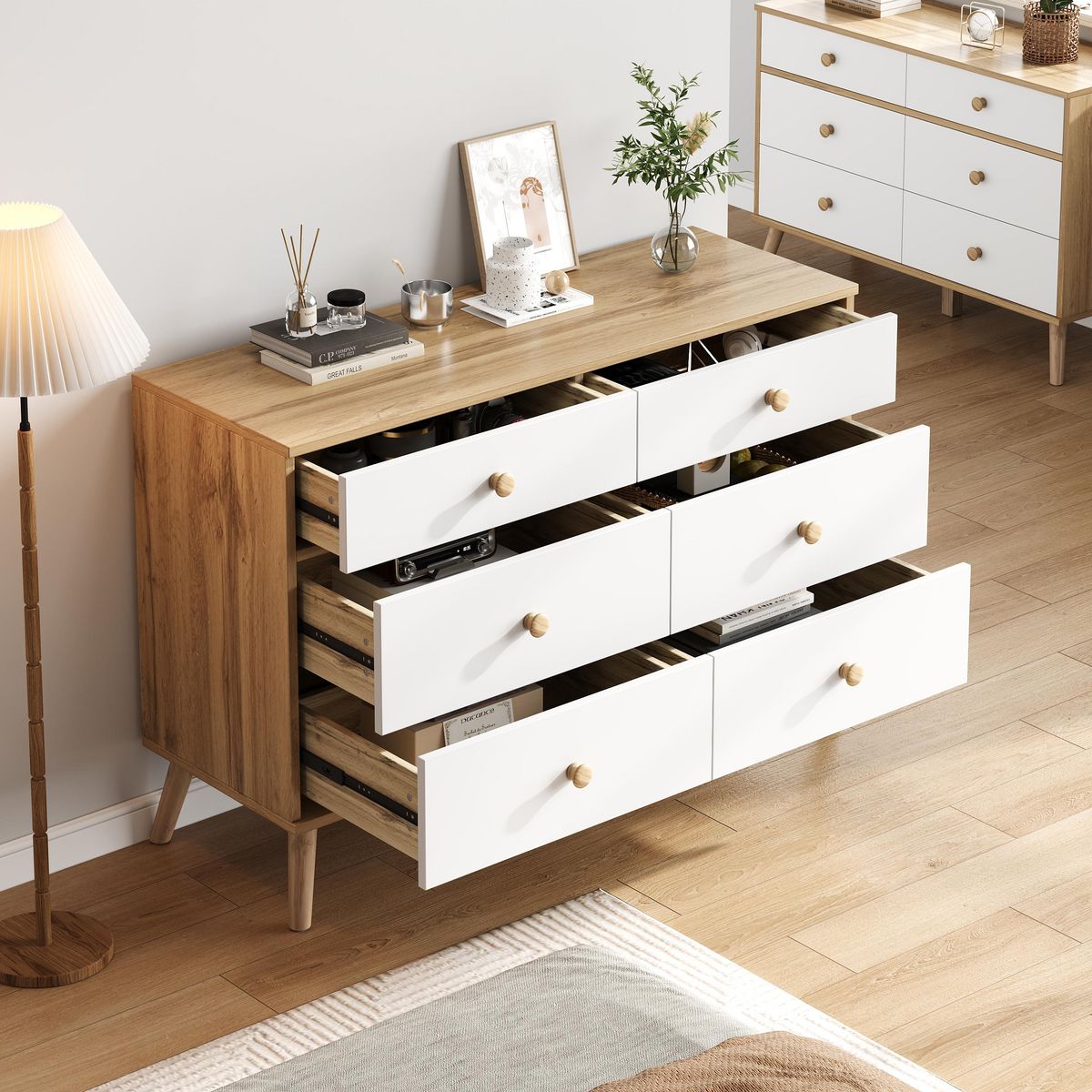 MERAX Commode 6 tiroir(s) 0 niche(s) coloris blanc+naturel largeur 116 cm panneaux de particules
