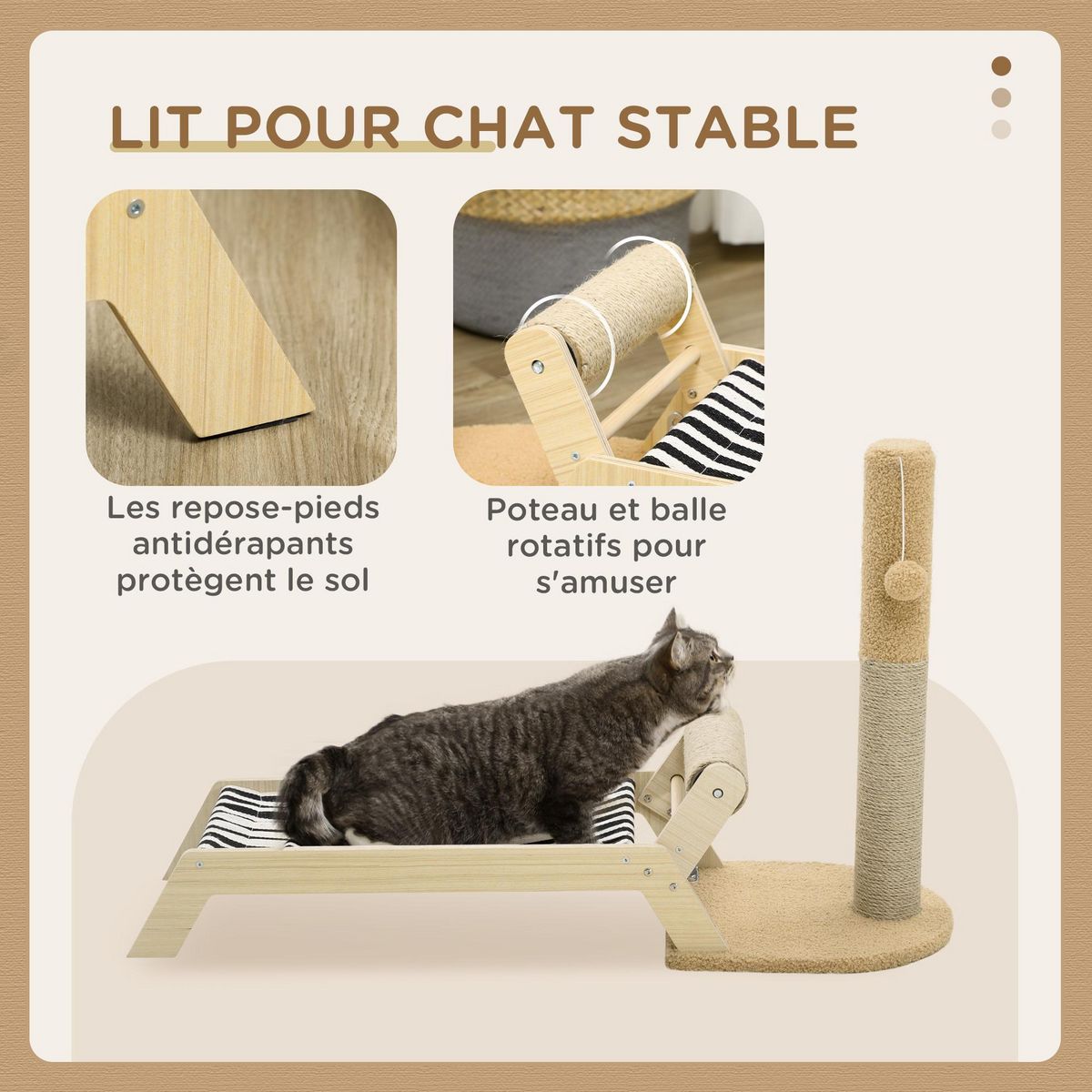 PAWHUT Lit pour chat arbre à chat griffoir grattoir avec hamac et pompon suspendu dim. 88,5L x 31,5l x 54,5H cm naturel