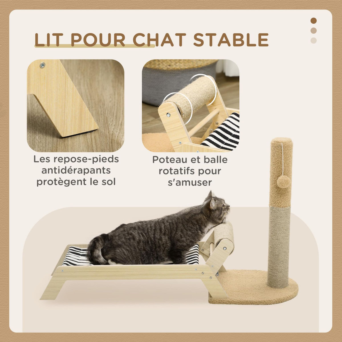 PAWHUT Lit pour chat arbre à chat griffoir grattoir avec hamac et pompon suspendu dim. 88,5L x 31,5l x 54,5H cm naturel