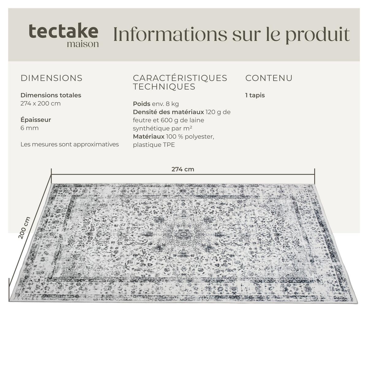 tectake Tapis design vintage à poils courts en laine synthétique et feutre gris 200 x 274 cm