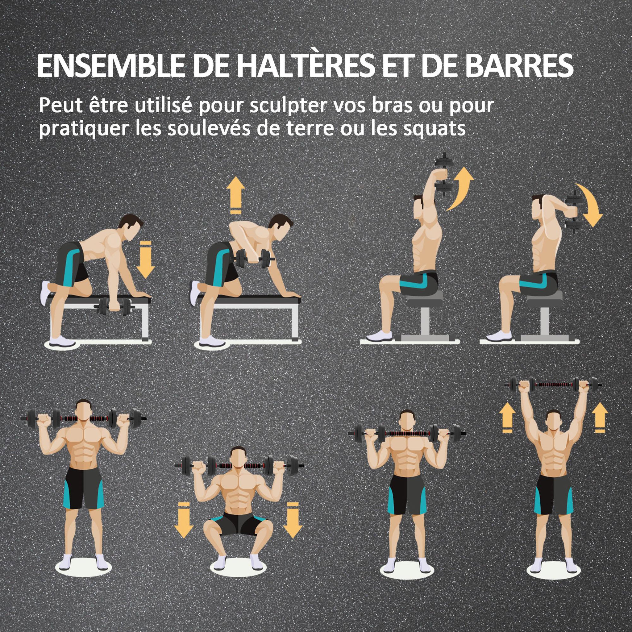 Voir la diapositive 5 : HOMCOM Ensemble d'haltères courtes total 15 kg - barres incluses - entraînement musculaire & haltérophilie - acier hdpe noir rouge