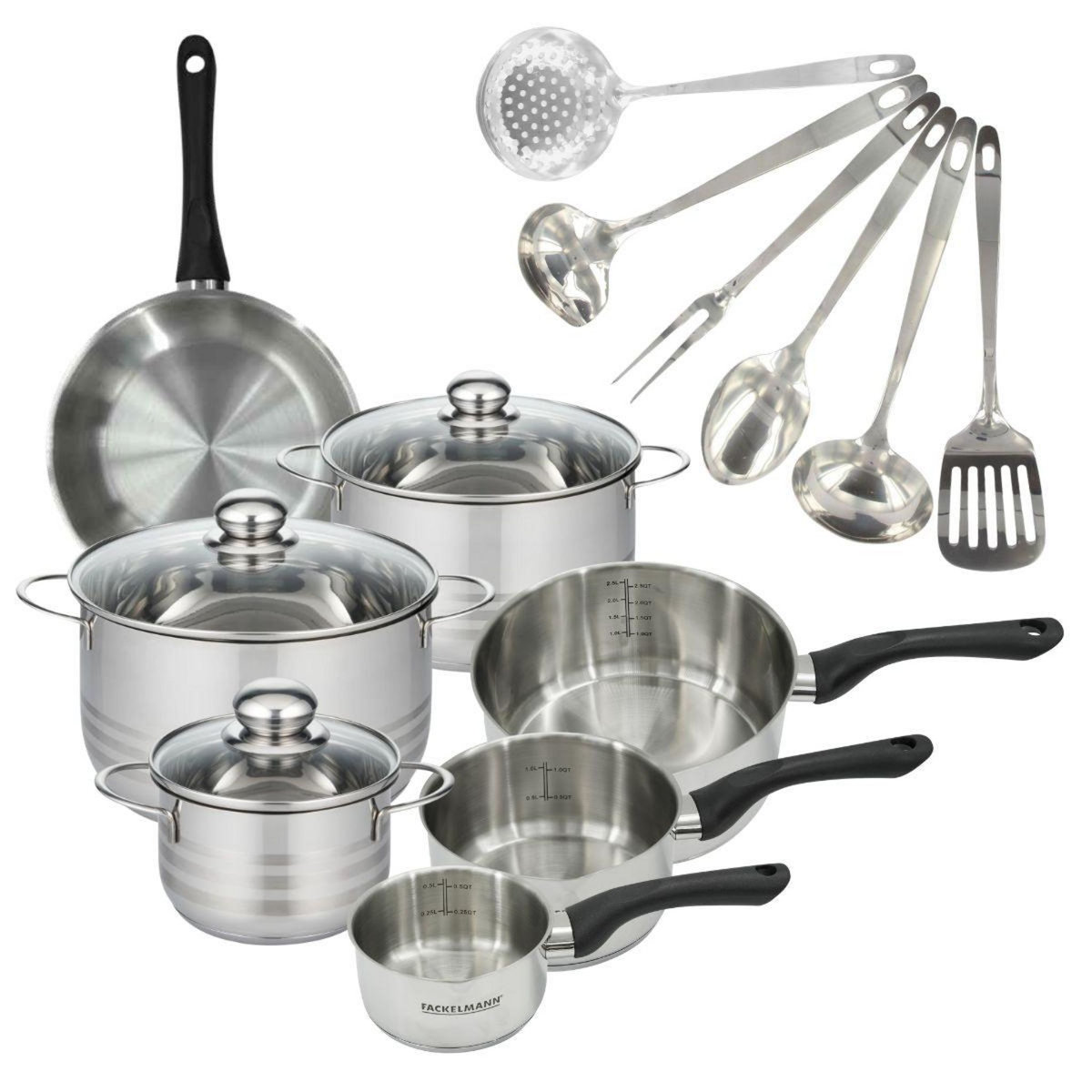 Fackelmann Set 1 poêle 20 cm 3 casseroles 12 16 20 cm, 3 faitouts 16, 20 et 24 cm en inox et 6 ustensiles inox Fackelmann Geneva