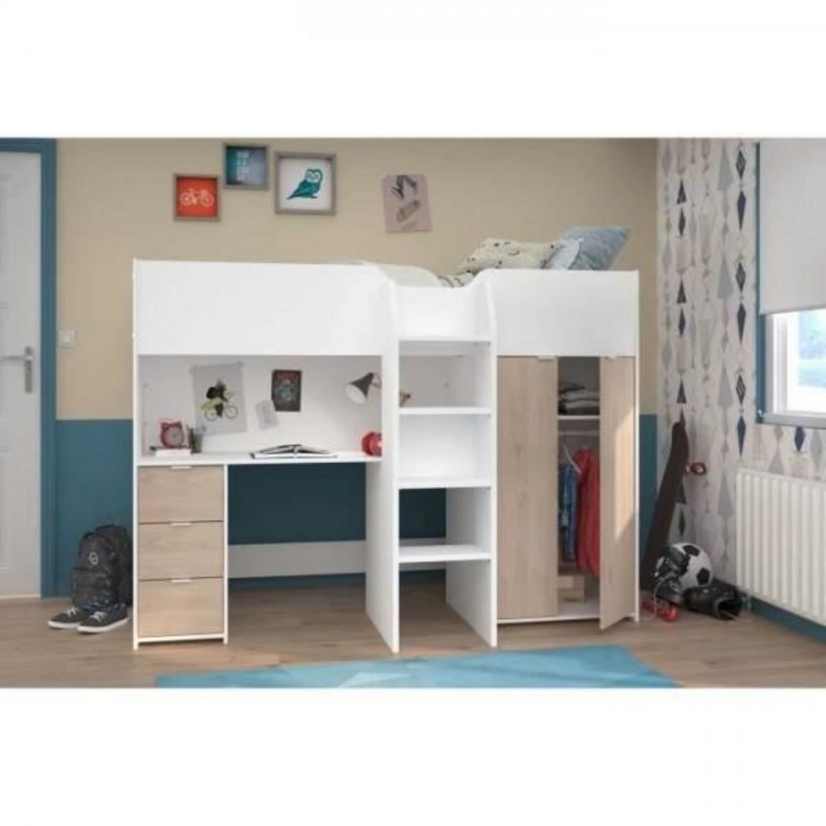 PARISOT Lit combiné mezzanine enfant - TOM - Blanc et chene - Armoire, bureau et sommier inclus
