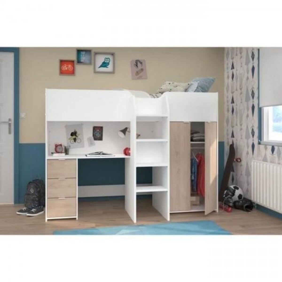 PARISOT Lit combiné mezzanine enfant - TOM - Blanc et chene - Armoire, bureau et sommier inclus