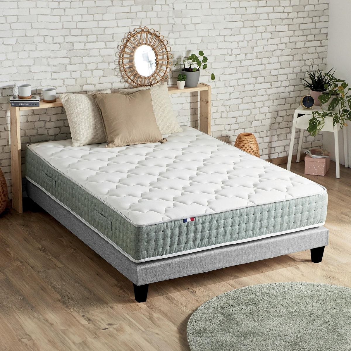 IDLITERIE Ensemble matelas Ressort 7 zones HYGGE + Sommier + couette + oreillers Fabriqué en France