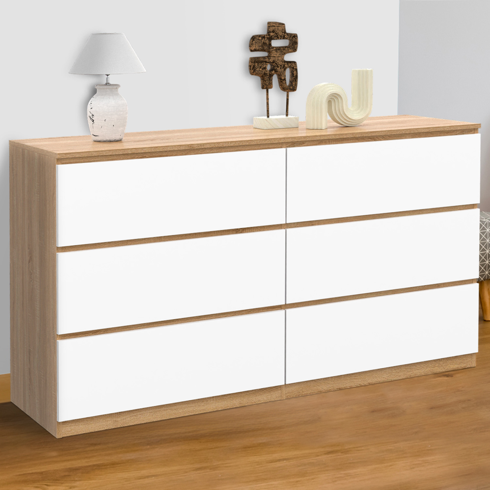 Voir la diapositive 2 : ID MARKET Commode 6 tiroirs tomi xxl 140 cm bois façon hêtre et blanc