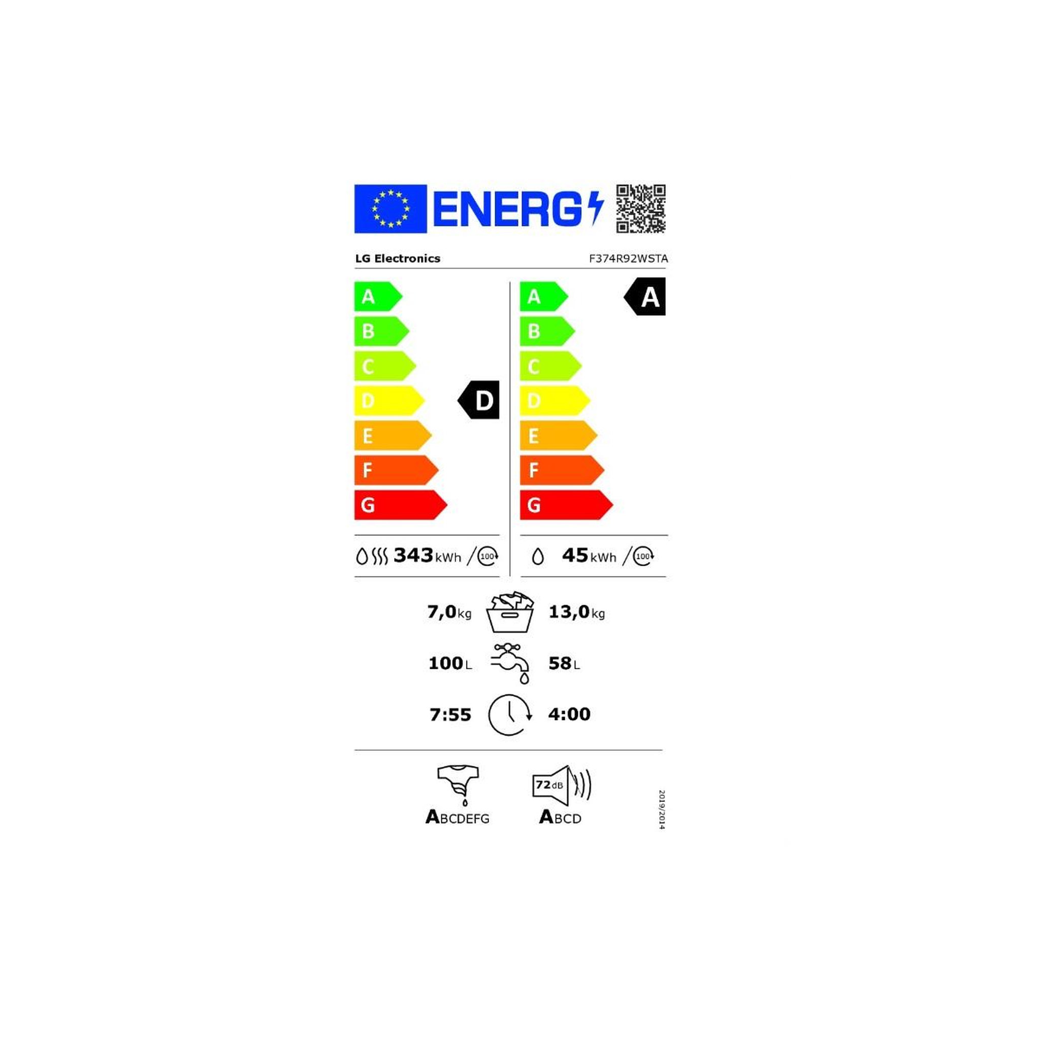 Voir la diapositive 2 : LG Lave-linge séchant  7kg 1400 tours/min blanc - f374r92wsta