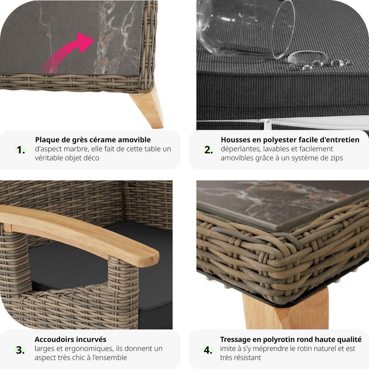 tectake Ensemble table en rotin avec 4 chaises avec cadre solide en bois marron naturel