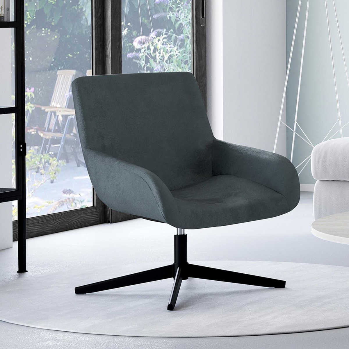 ID MARKET Fauteuil pivotant ALBUS en velours gris pieds noirs