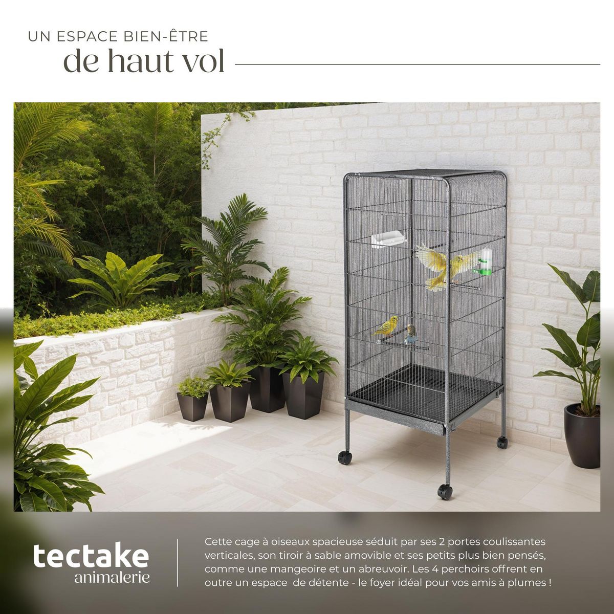 tectake Cage à oiseaux en finition martelée gris anthracite