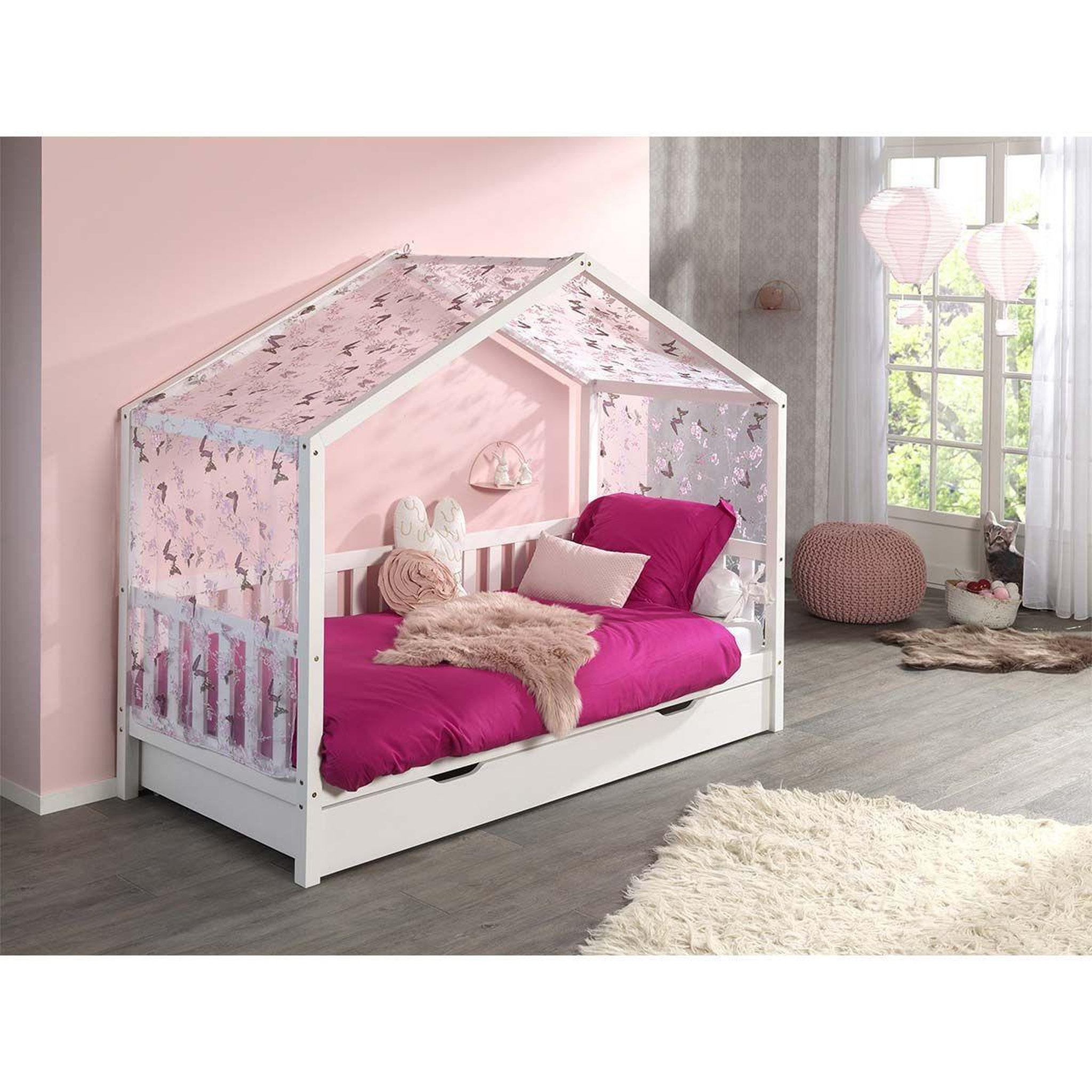 Paris Prix Pack - lit enfant, barrière, tiroir & voile  dallas ii  90x200cm blanc