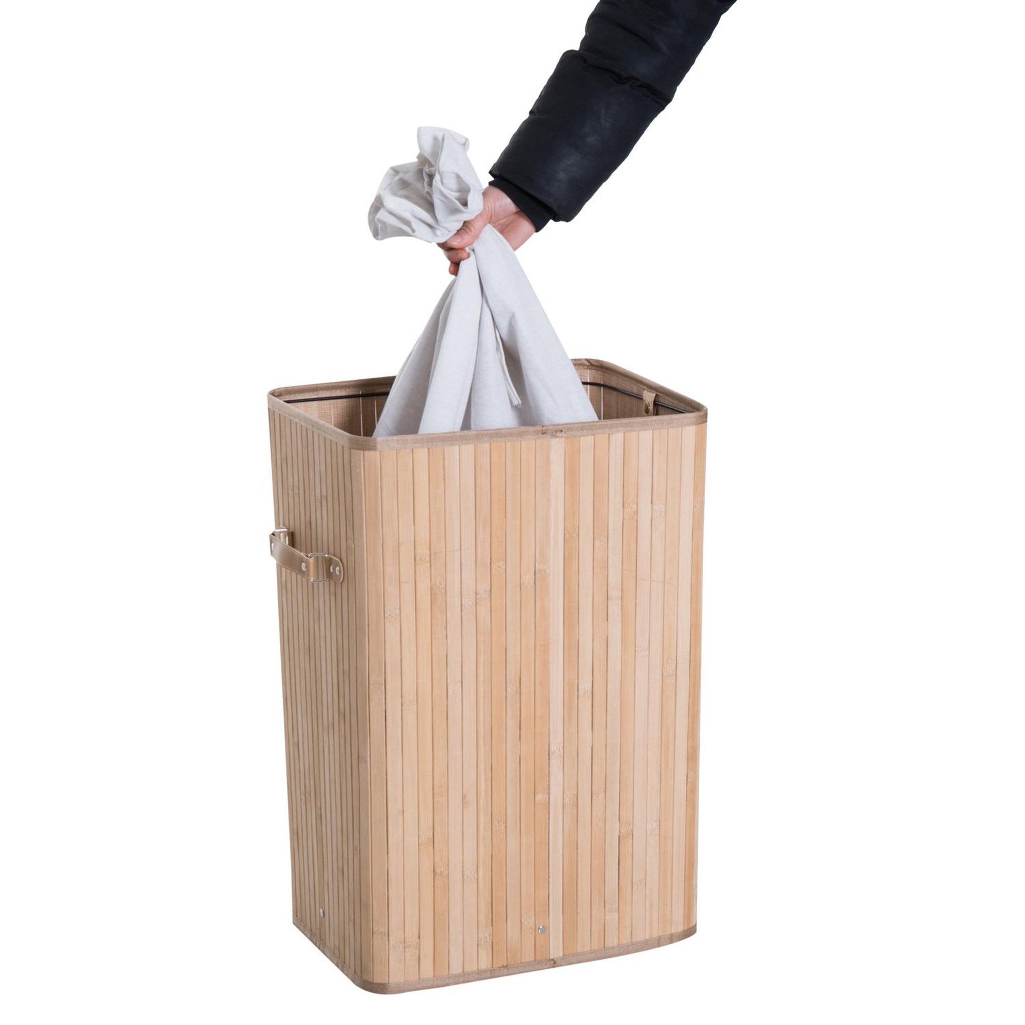 Voir la diapositive 5 : HOMCOM Panier à linge corbeille à linge bac à linge bambou pliable couvercle sac amovible 3 poignées pu 40l x 30l x 60h cm beige