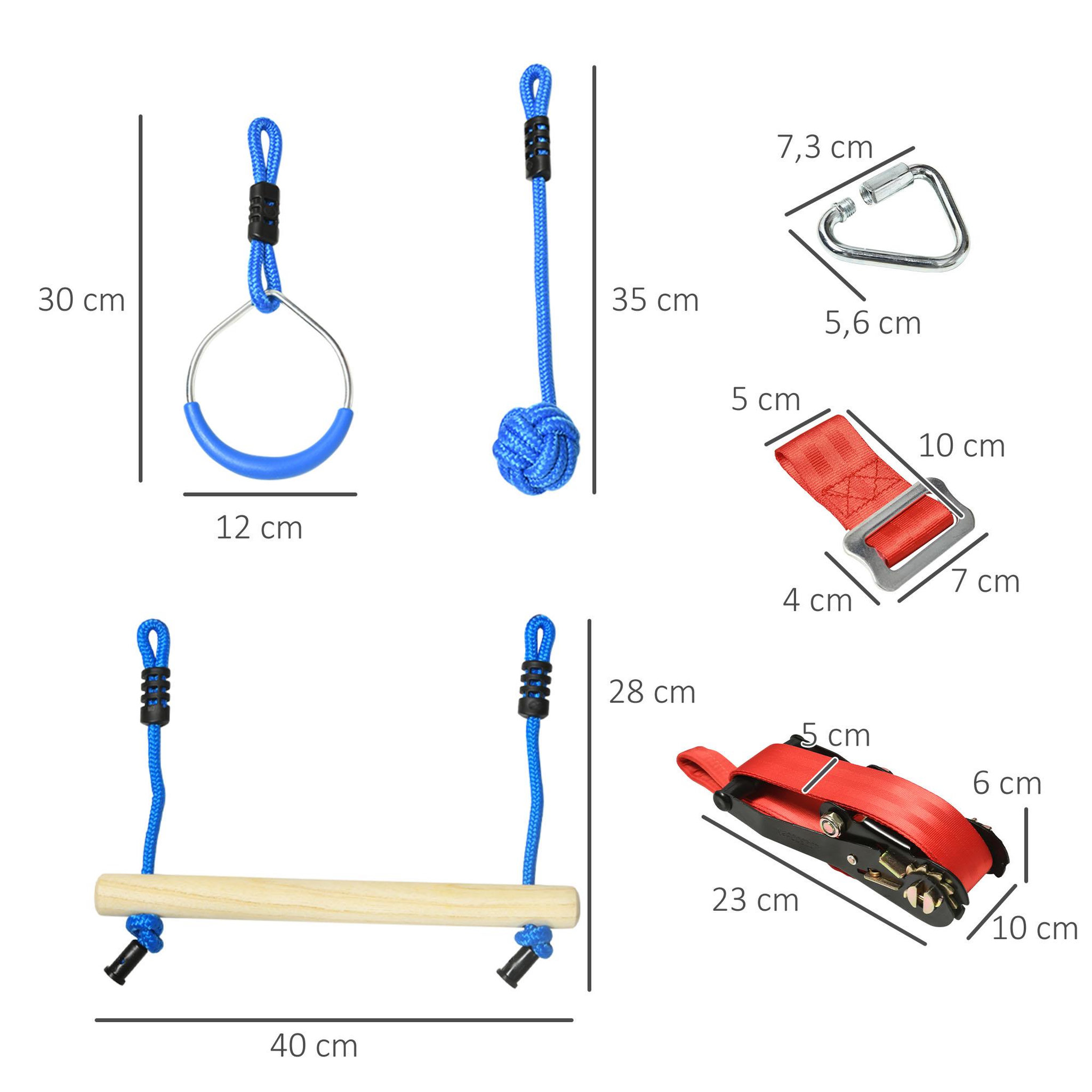 Voir la diapositive 3 : OUTSUNNY Parcours d'obstacles ninja enfant - 30 accessoires, 10 m de slackline - sac de transport - bleu rouge