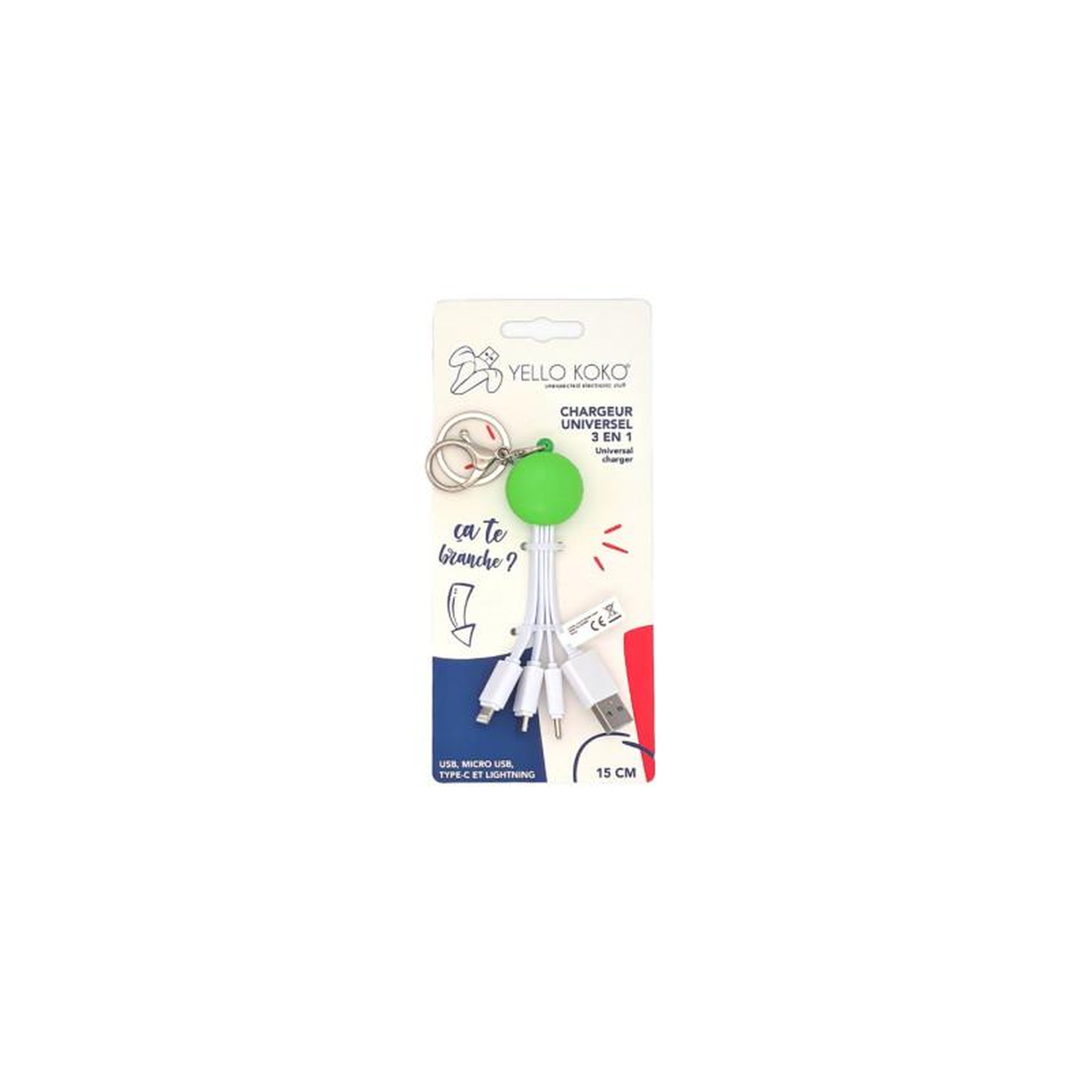 YELLO KOKO Câble téléphone portable Yello Koko Andy USBA USBC Micro Light 15cm Macaron Vert