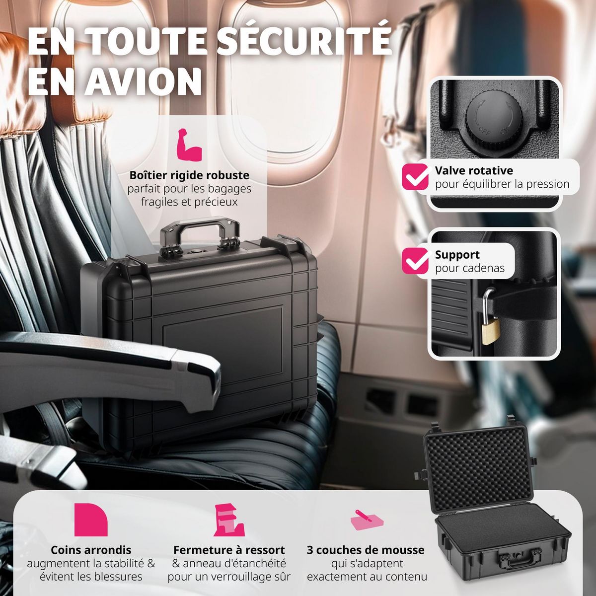 tectake Valise de protection matériel photo en coque dure robuste avec 4 inserts en mousse épais noir