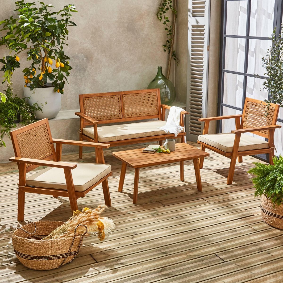 SWEEEK Salon de jardin en bois et cannage canapé 2 places, 2 fauteuils, 1 table basse - Bohémia 117x64x74 cm