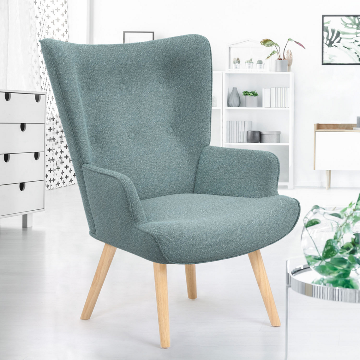 ID MARKET Fauteuil scandinave IVAR en tissu vert eucalyptus