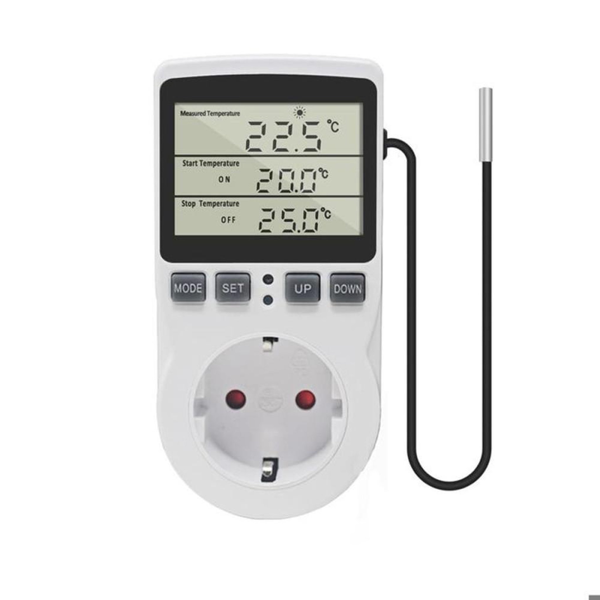 Thermostat contrôleur de température plug-in avec sonde 3 m 230 V, 16 A, 3680 W, écran LCD HD, -40 à 120 °C, modes chauffage/refroidissement et minuterie