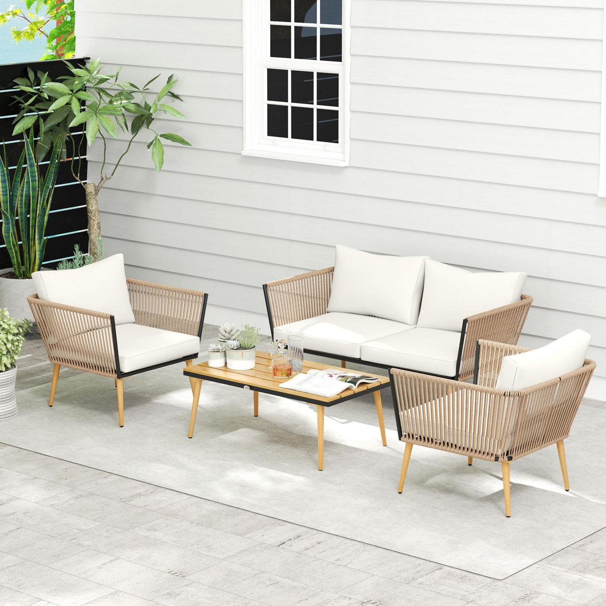 OUTSUNNY Salon de jardin 4 places 4 pièces design scandinave acier époxy résine filaire PE coussins inclus crème