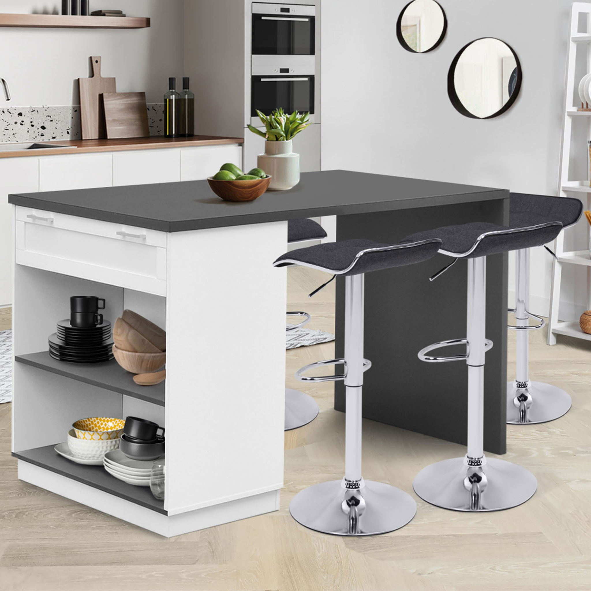Voir la diapositive 2 : ID MARKET Ilot central mange-debout 4 personnes vito 130 cm blanc et plateau gris