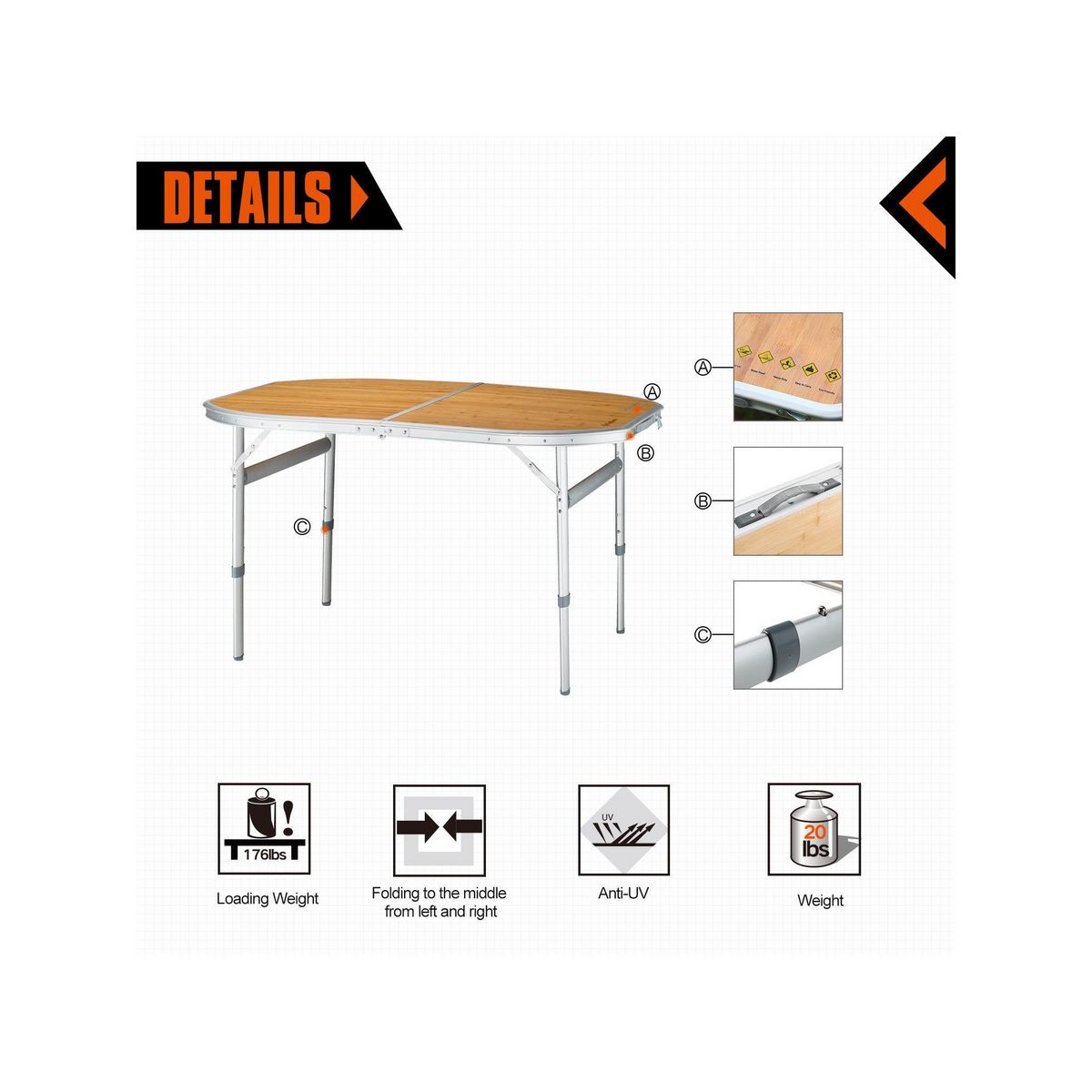 KINGCAMP Table de camping pliable avec poignée de transport - Kingcamp - Forme arrondie