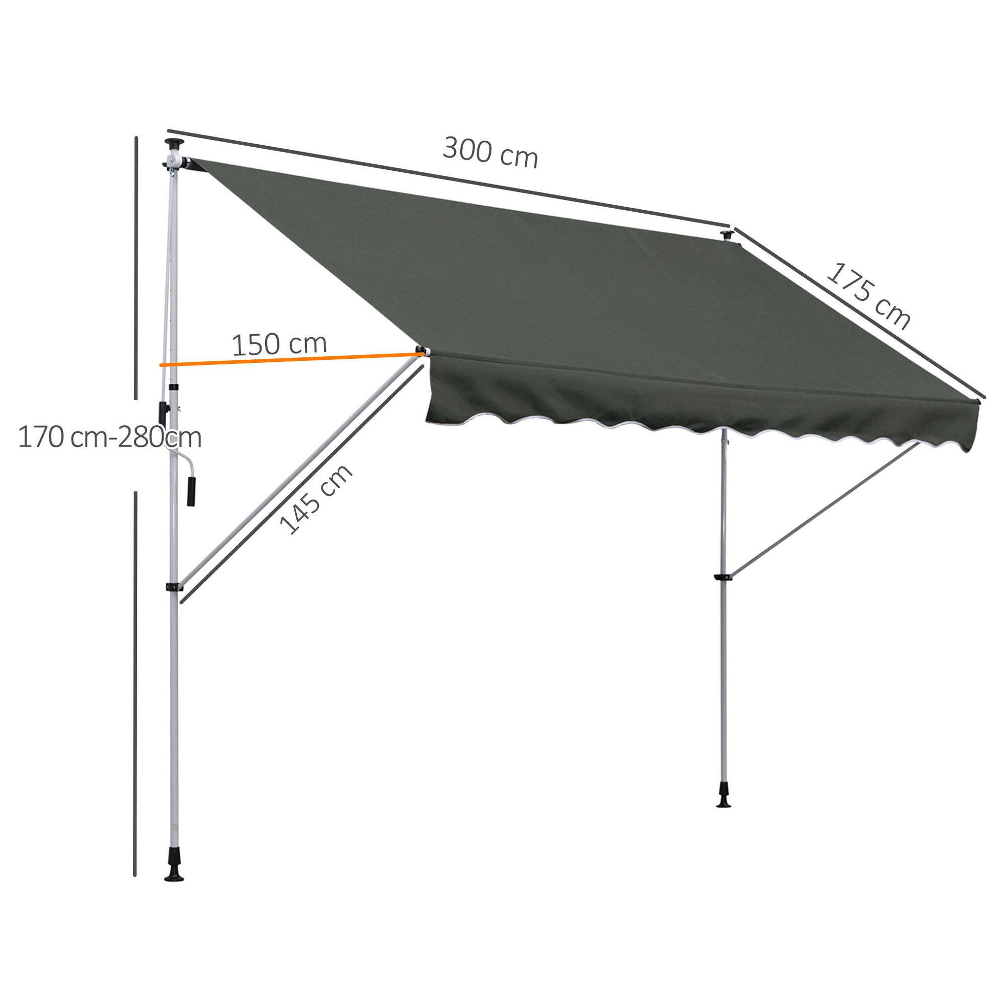 Voir la diapositive 3 : OUTSUNNY Store banne manuel rétractable 3L x 1,5l m inclinaison et hauteur réglable installation rapide métal alu polyester anti-UV gris