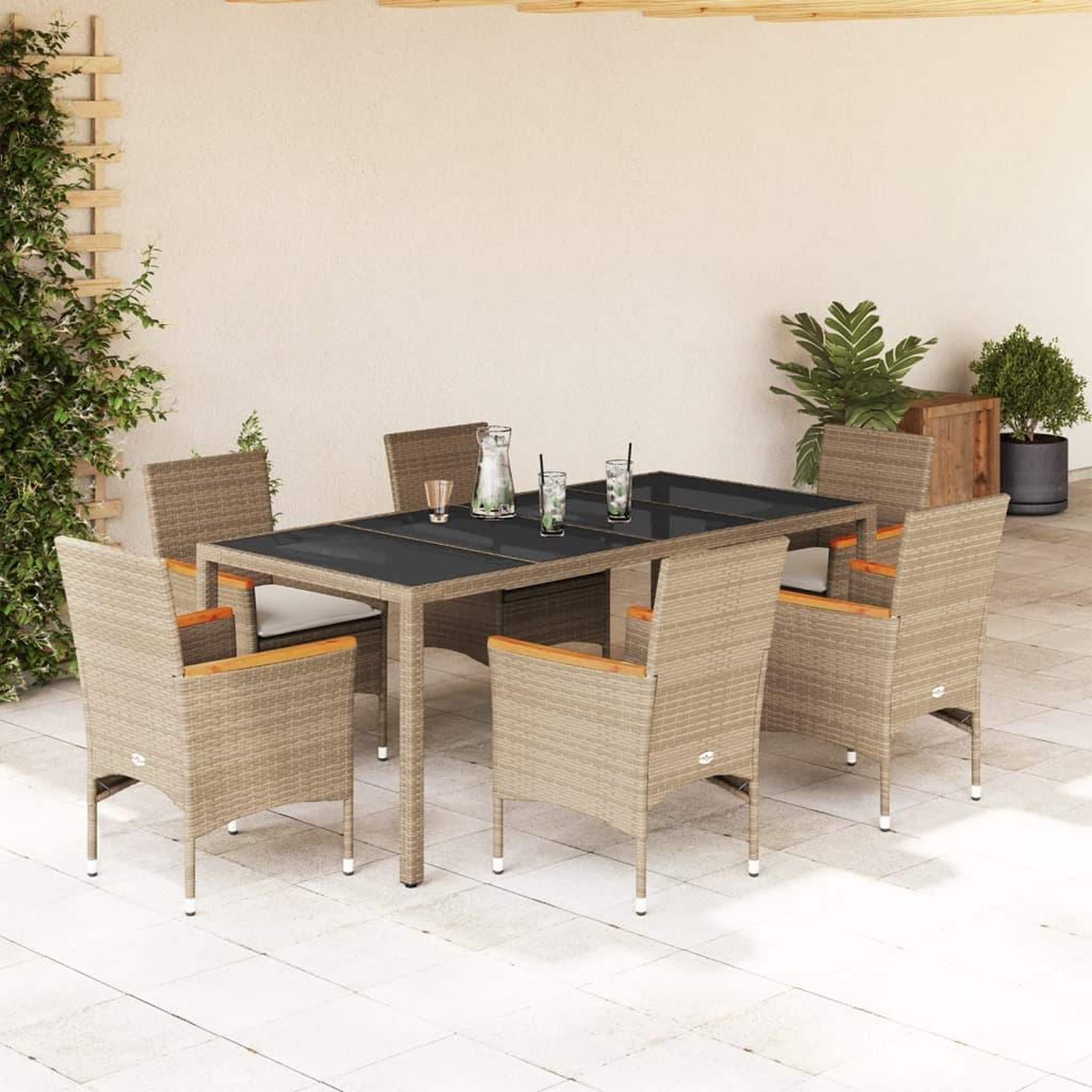 VIDAXL Ensemble a manger de jardin et coussins 7 pcs beige rotin verre