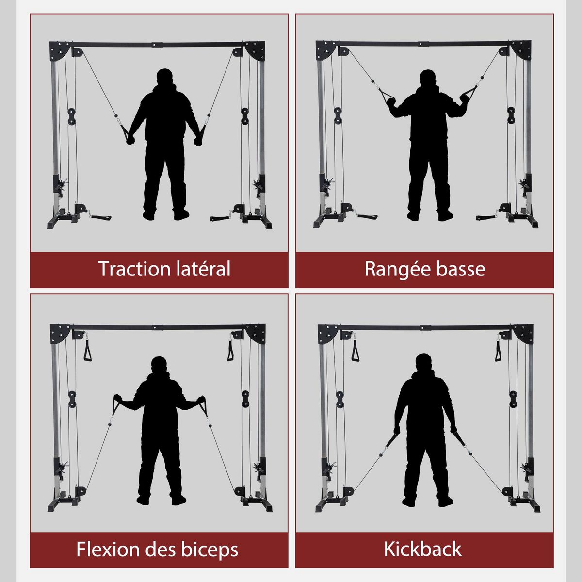 HOMCOM Appareil de musculation double poulie vis à vis crossover - charge libre avec haltère 2 x 50 Kg - acier gris noir