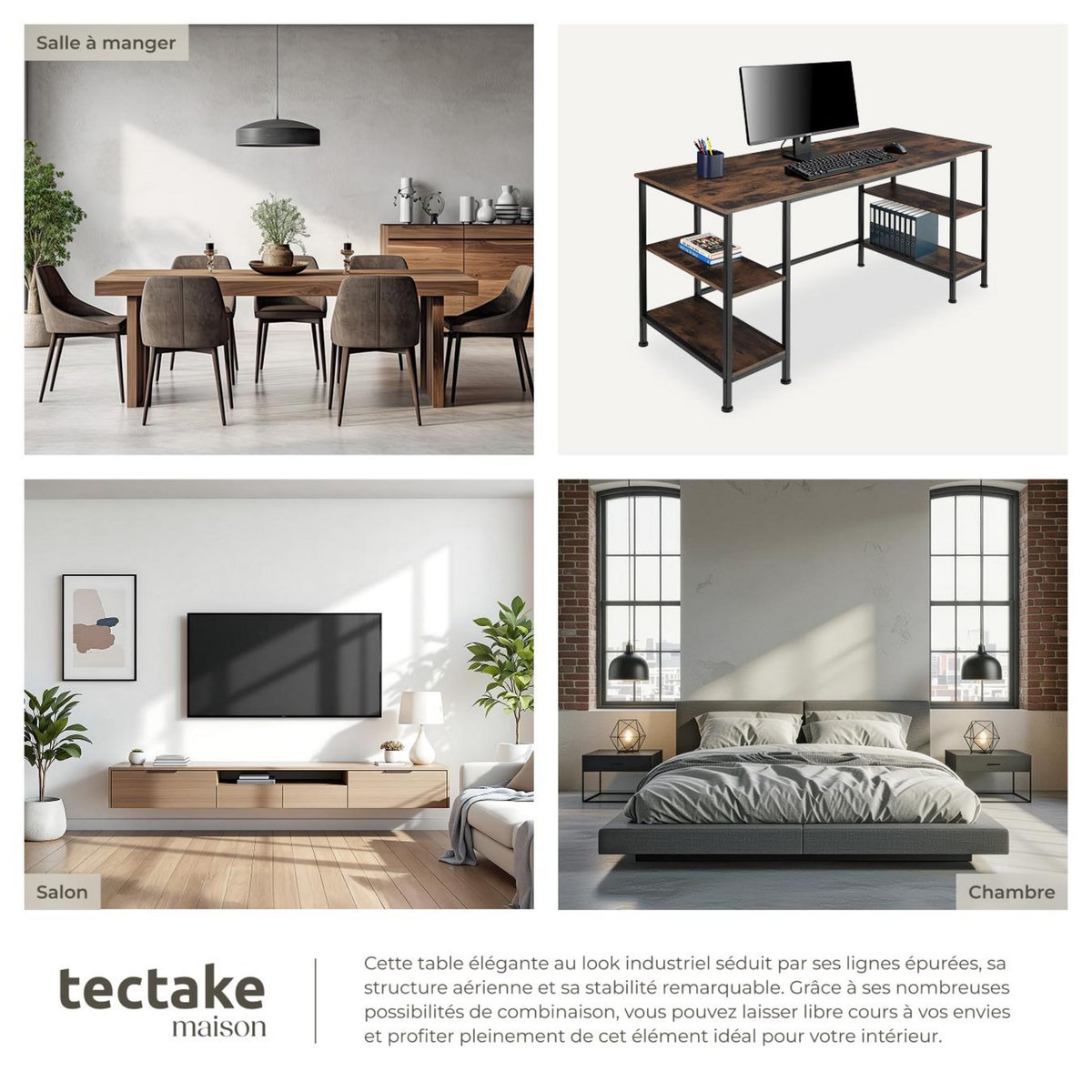 tectake Bureau Style industriel 2 étagères latérales avec 2 compartiments de stockage