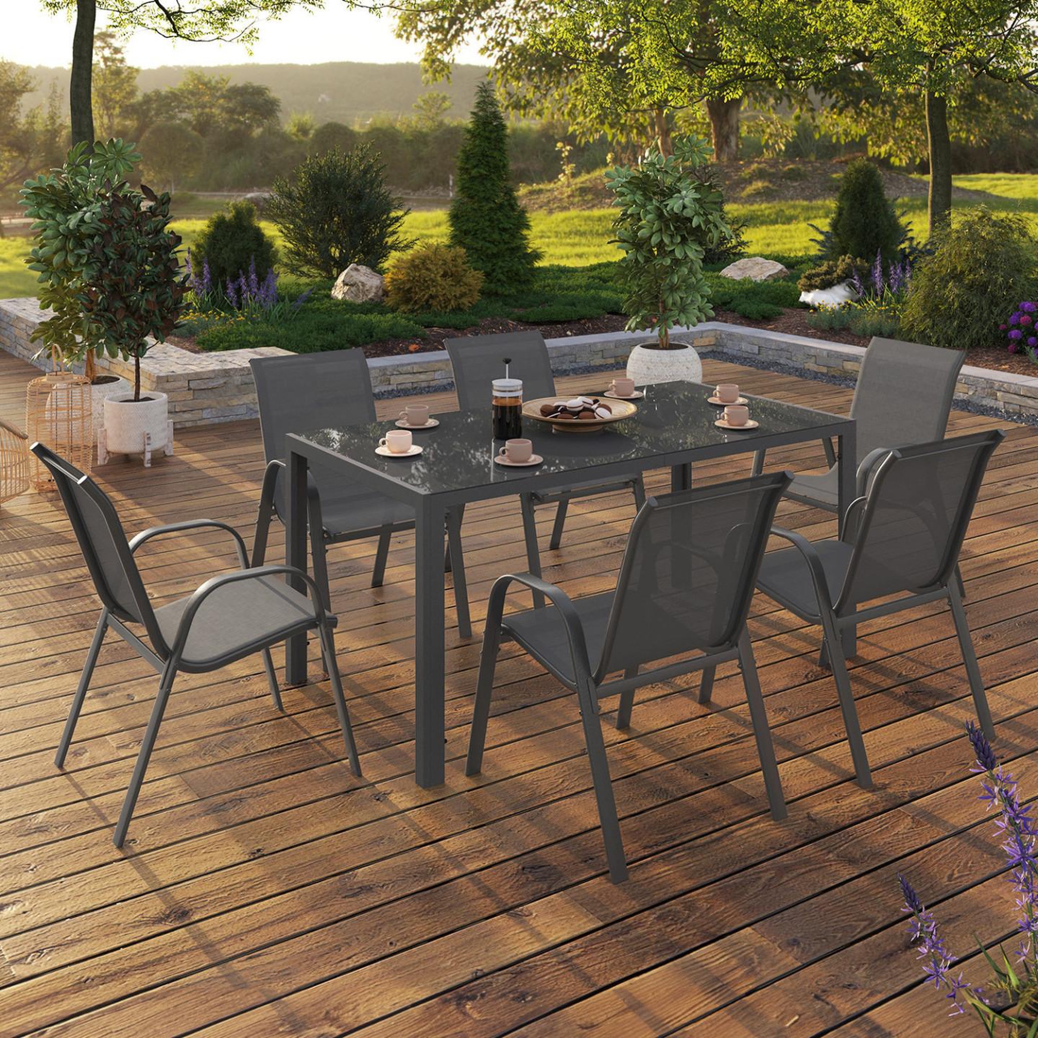 Voir la diapositive 2 : ID MARKET Salon de jardin madrid table 150 cm et 6 chaises empilables gris anthracite