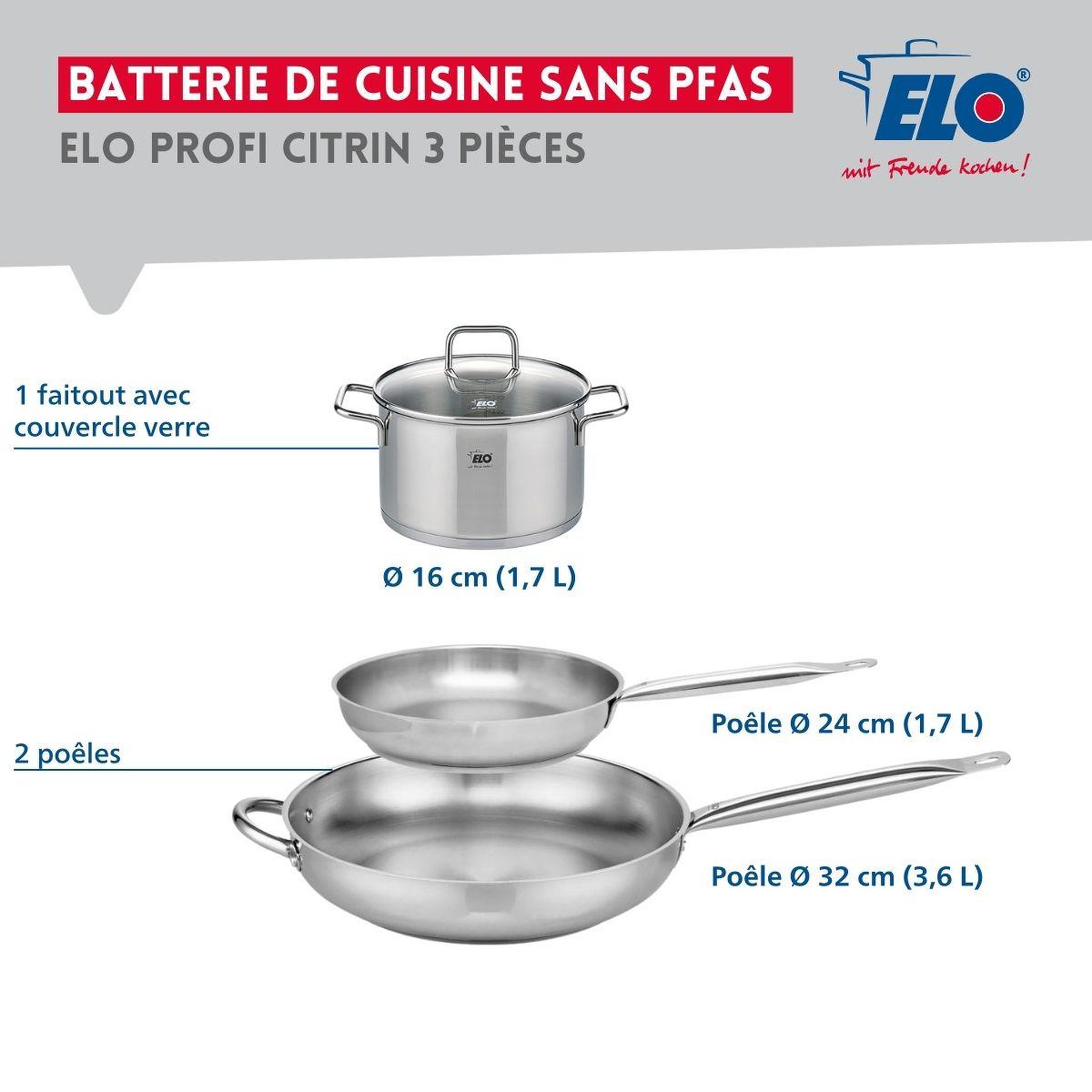 Voir la diapositive 2 : ELO Ensemble de 2 poêles de cuisson 24 et 32 cm et 1 faitout 16 cm elo profi citrin