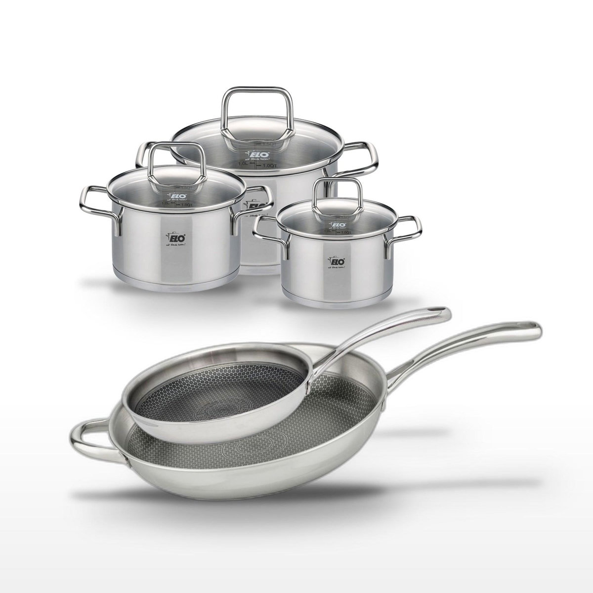 ELO Lot 2 Poêles 28cm & 32cm Elo Relief Evolution et 3 Faitouts Elo Citrin