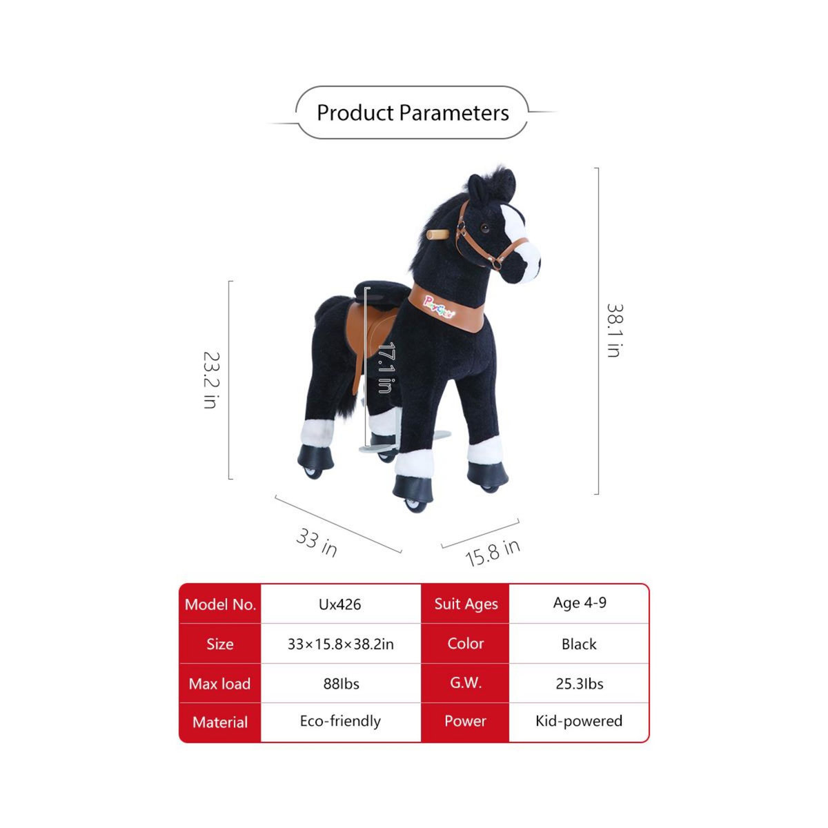 Ponycycle Poney à monter Noir avec sabot blanc Grand Modèle pour 4 à 9 ans