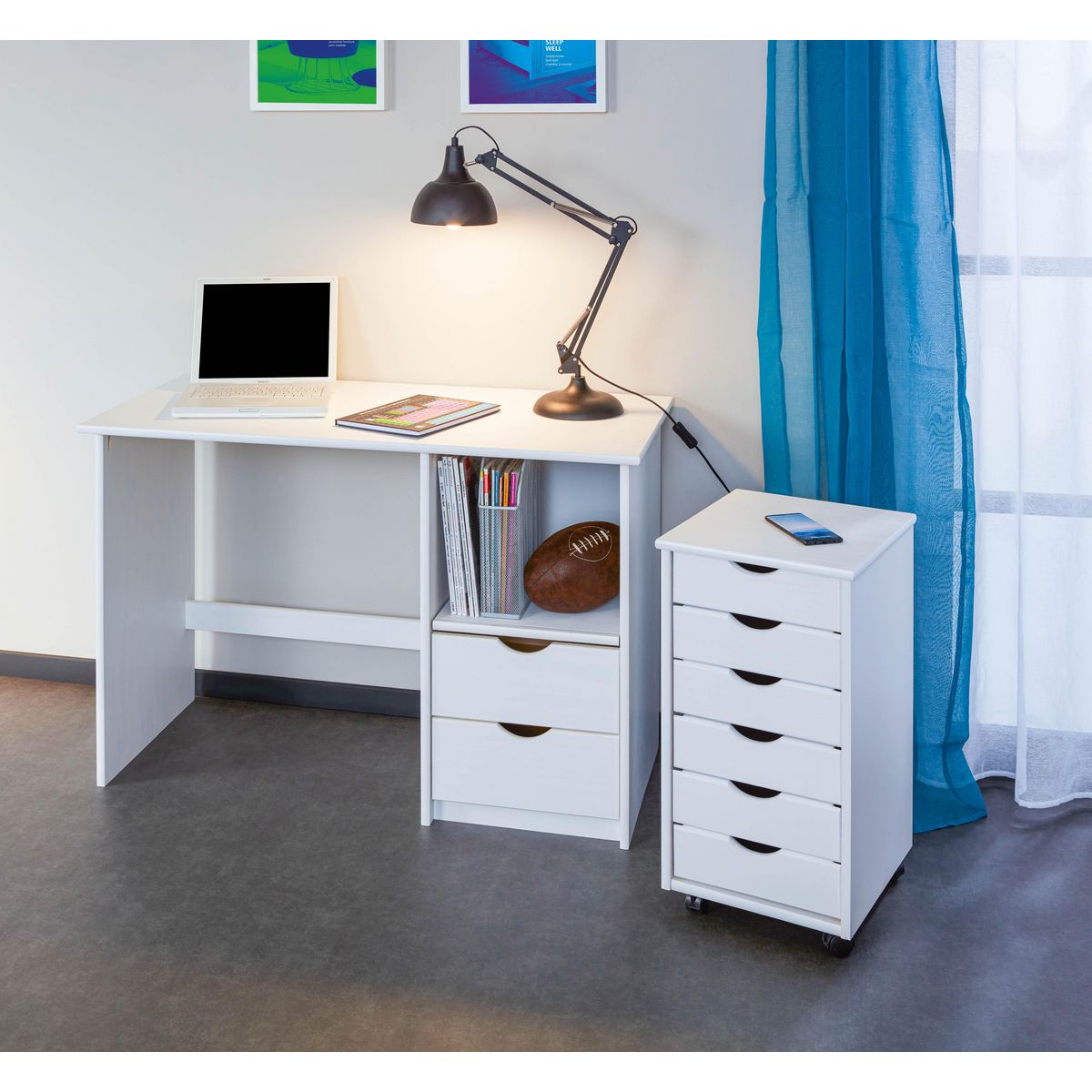 Caisson de bureau en bois massif sur roulettes 6 tiroirs ULLI