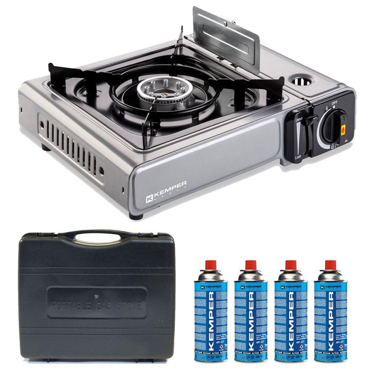 Kemper Réchaud à gaz 2200W INOX + 4 cartouches de gaz KEMPER