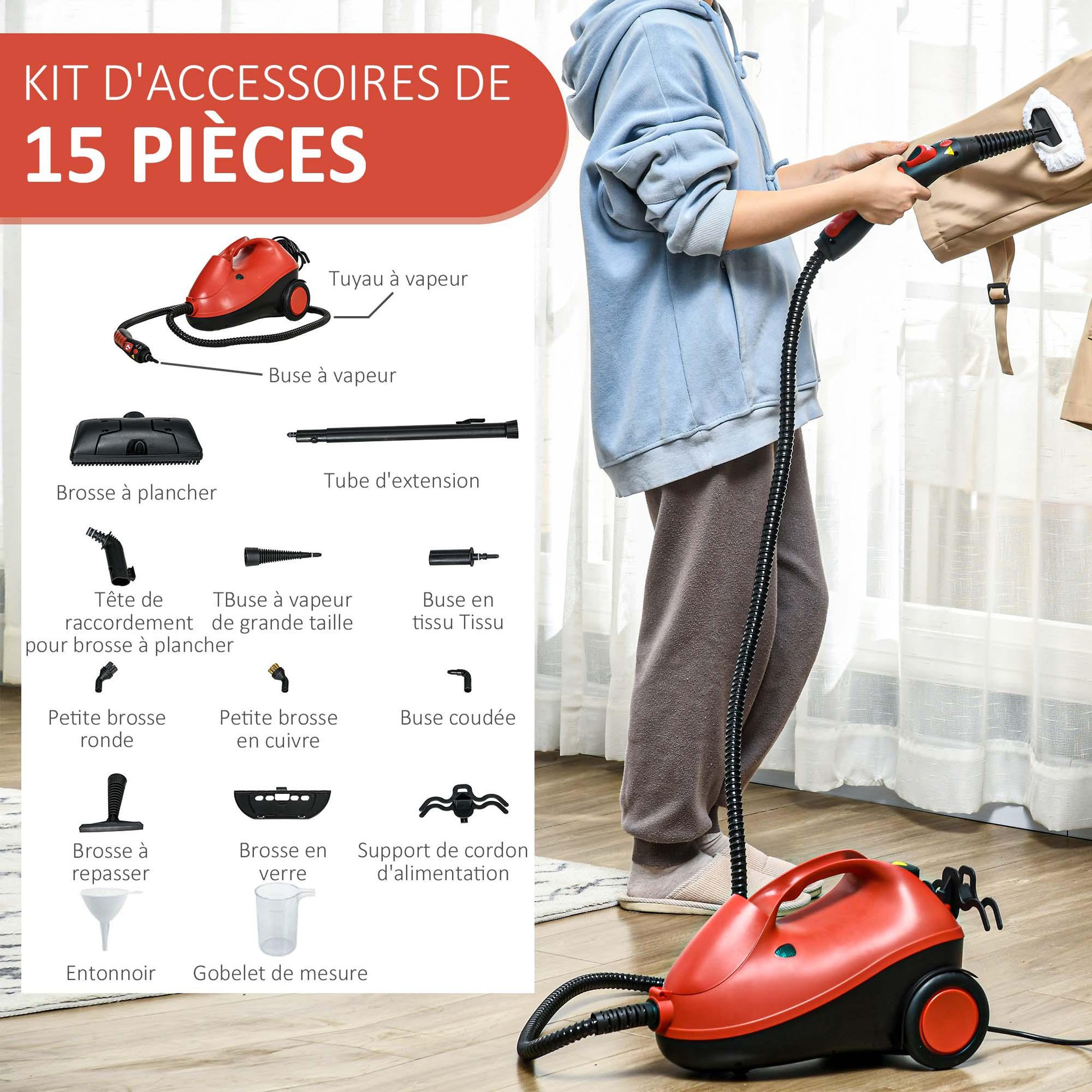 Voir la diapositive 5 : HOMCOM Nettoyeur vapeur multifonction - balai vapeur - balai nettoyeur vapeur - 2000W, réservoir 2L, pression 4 bars - 16 accessoires - noir rouge