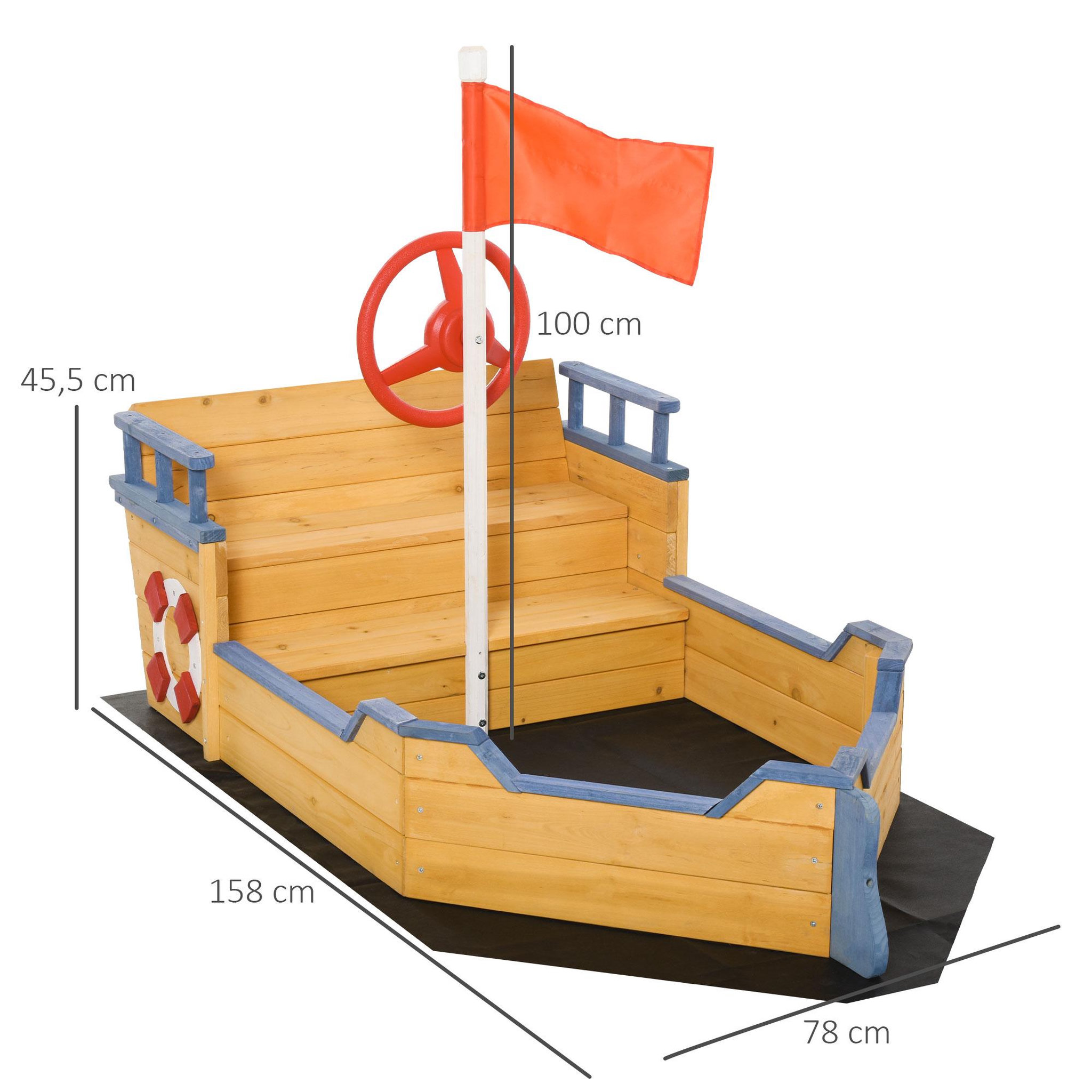 Voir la diapositive 3 : OUTSUNNY Bac à sable bateau de pirate - banc, coffre rangement, gouvernail, drapeau, bâche - bois sapin pré-huilé