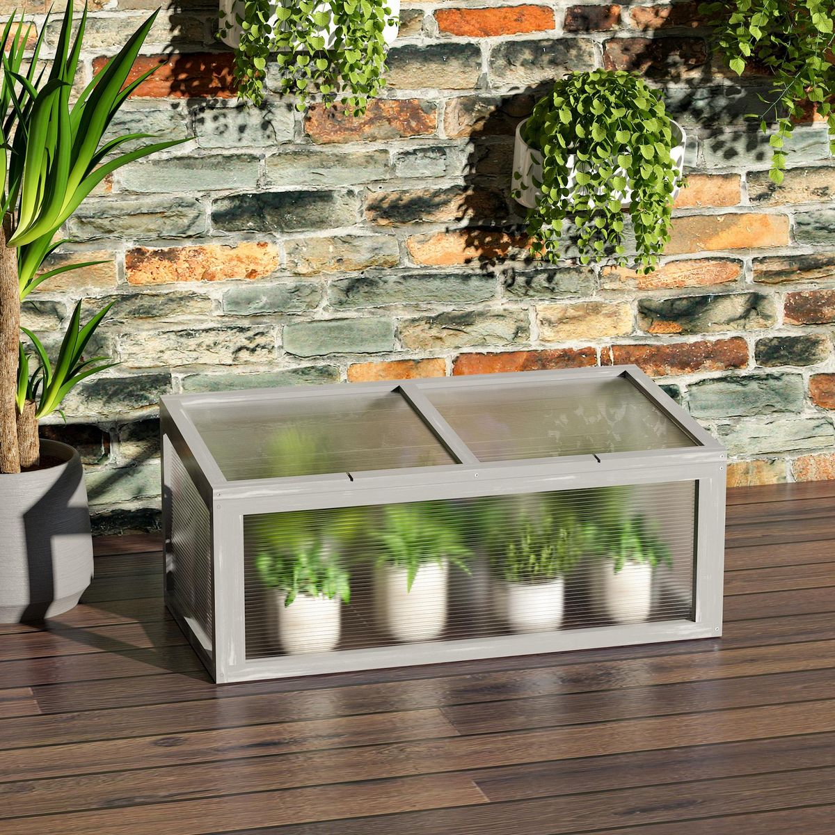 OUTSUNNY Mini serre de jardin serre à tomates dim. 90L x 46l x 40H cm toit ouvrable panneaux de polycarbonate bois sapin pré-huilé gris