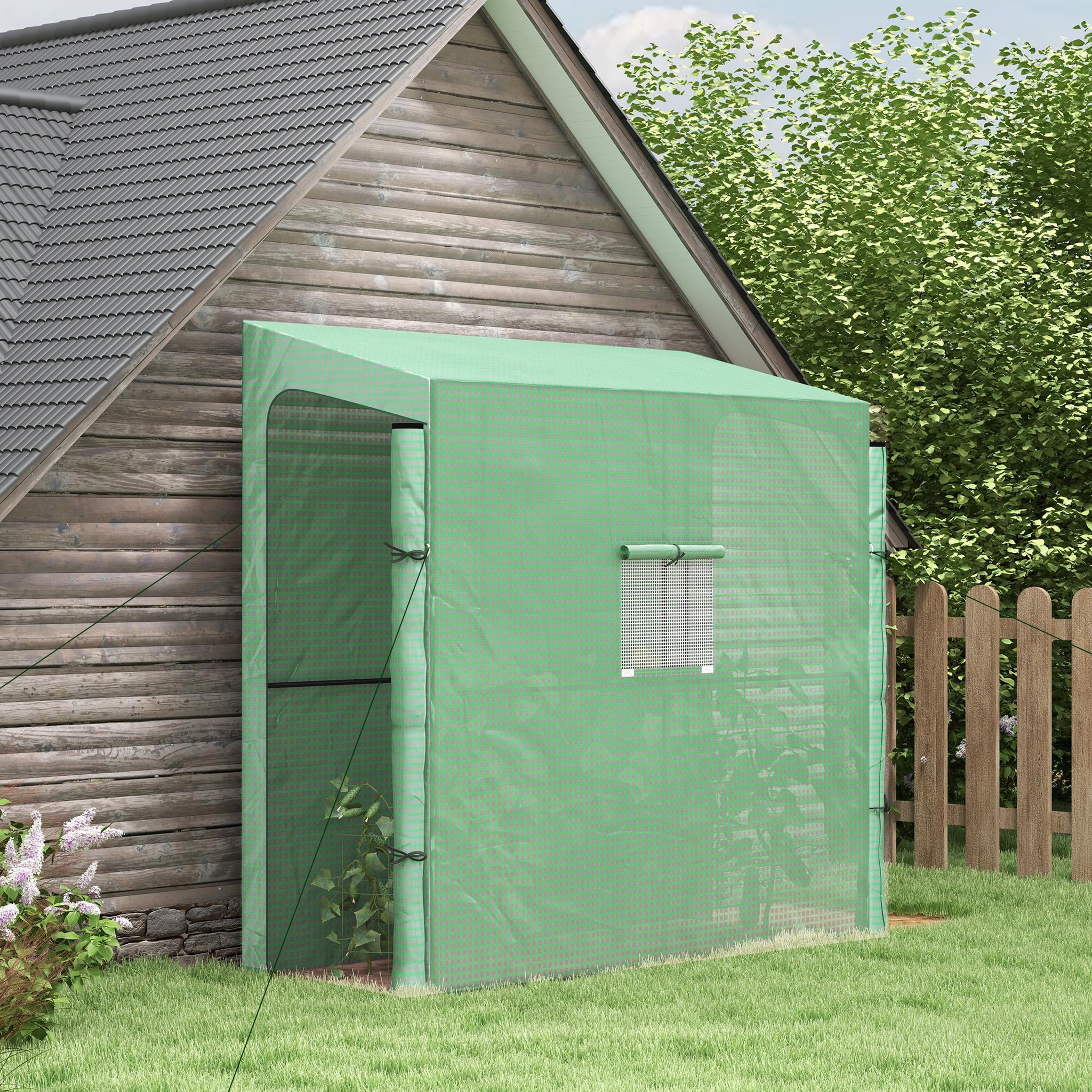 Voir la diapositive 2 : OUTSUNNY Serre de jardin adossée serre adossée dim. 2l x 0,8l x 2h m 2 portes zippées fenêtre acier pe haute densité vert