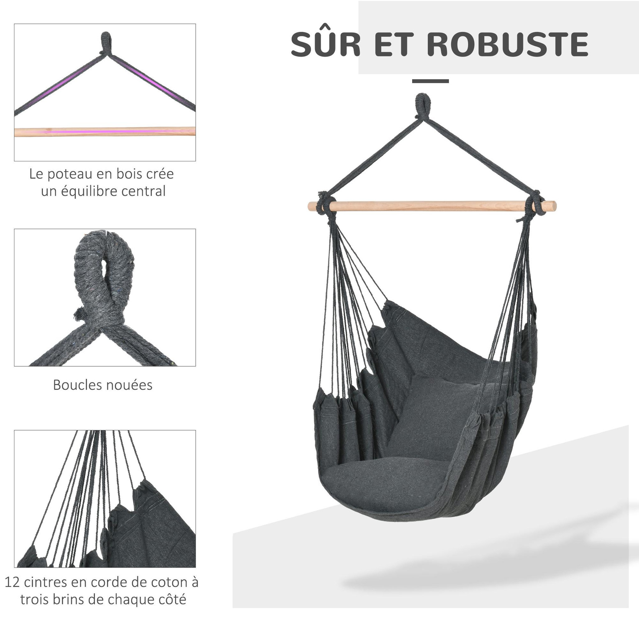 Voir la diapositive 5 : OUTSUNNY Chaise suspendue fauteuil suspendu chaise de détente coussins assise dossier coton polyester anthracite