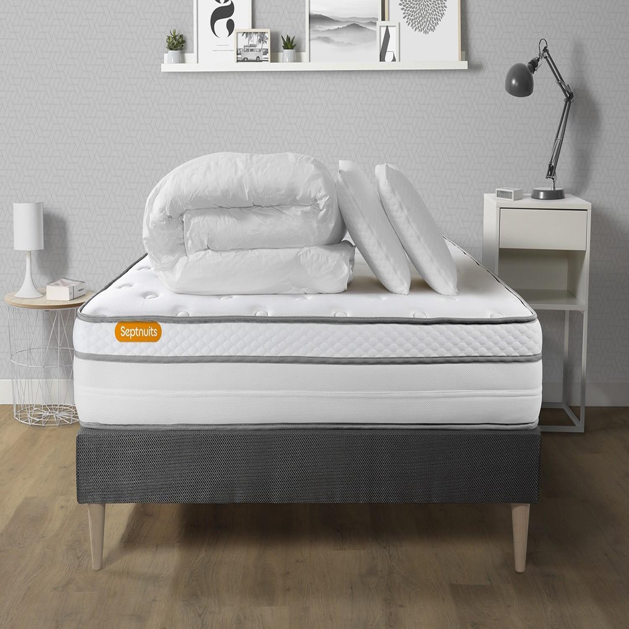 SEPTNUITS Pack matelas + sommier kit gris Memo Luxe Ressorts ensachés + mémoire de forme + Couette + 2 oreillers. Coloris disponibles : Gris