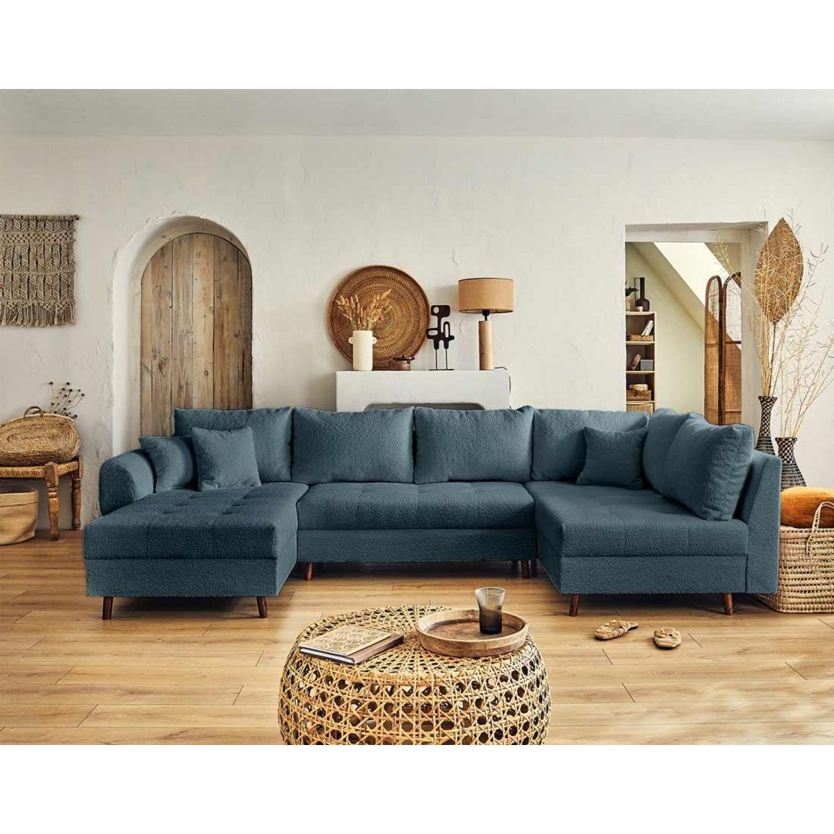 LISA DESIGN Rune - canapé panoramique d'angle droit - 7 places - avec pouf d'appoint - en tissu bouclette