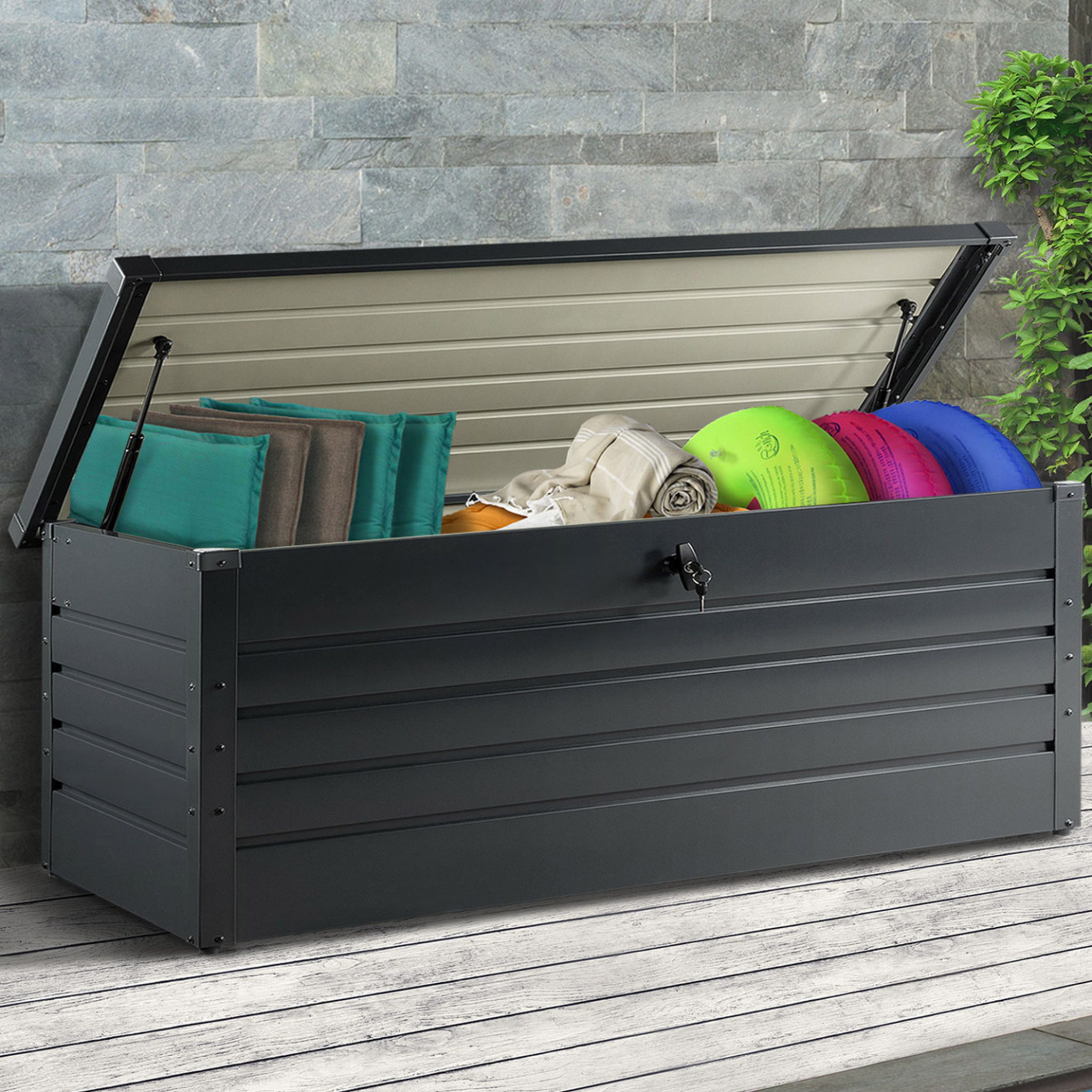 Voir la diapositive 4 : ID MARKET Coffre de rangement métal verrouillable gris anthracite pour jardin 600l 165x70x63 cm