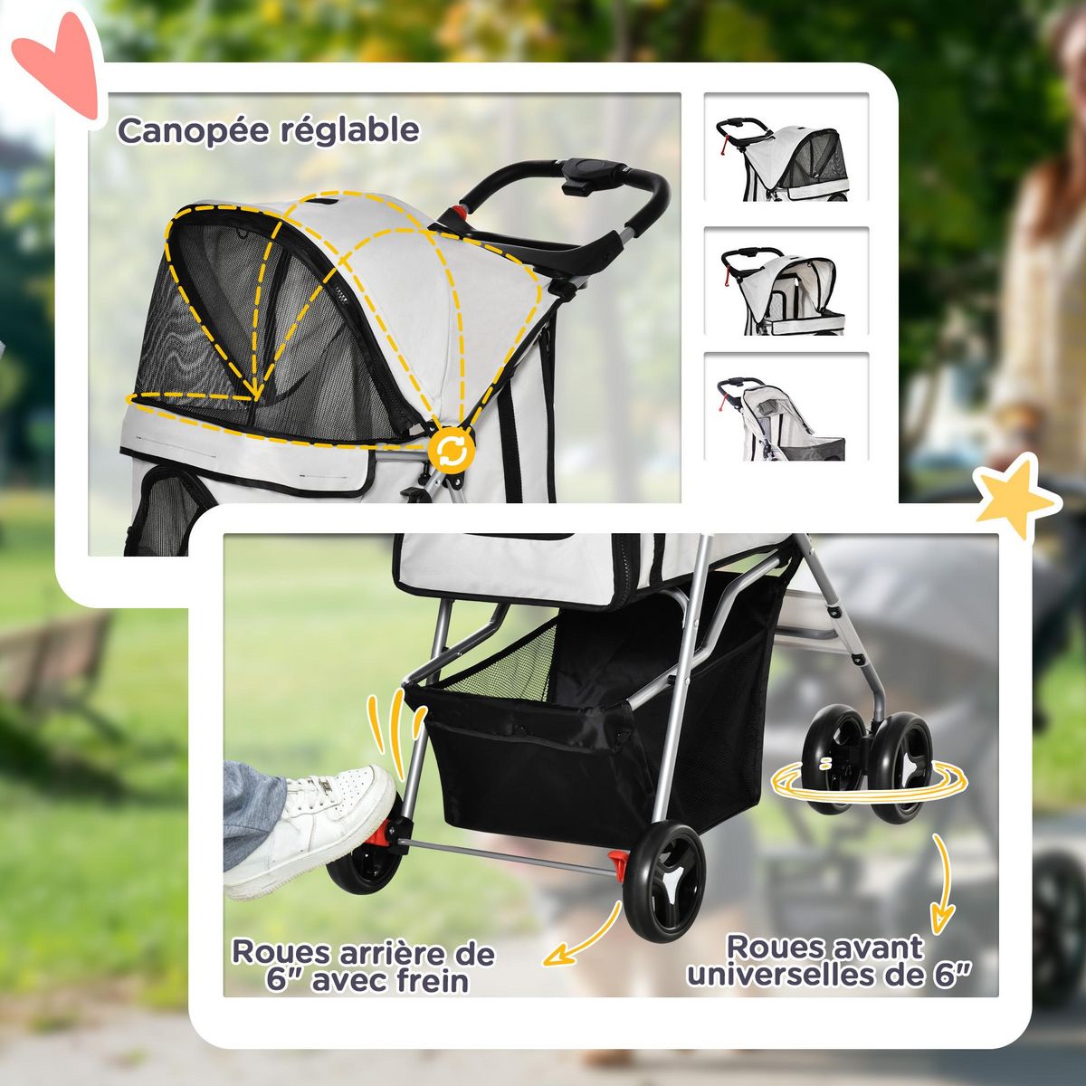 PAWHUT Poussette buggy pour chiens 75L x 46l x 94H cm pliable imperméable tissu 600D Oxford 4 roues gris
