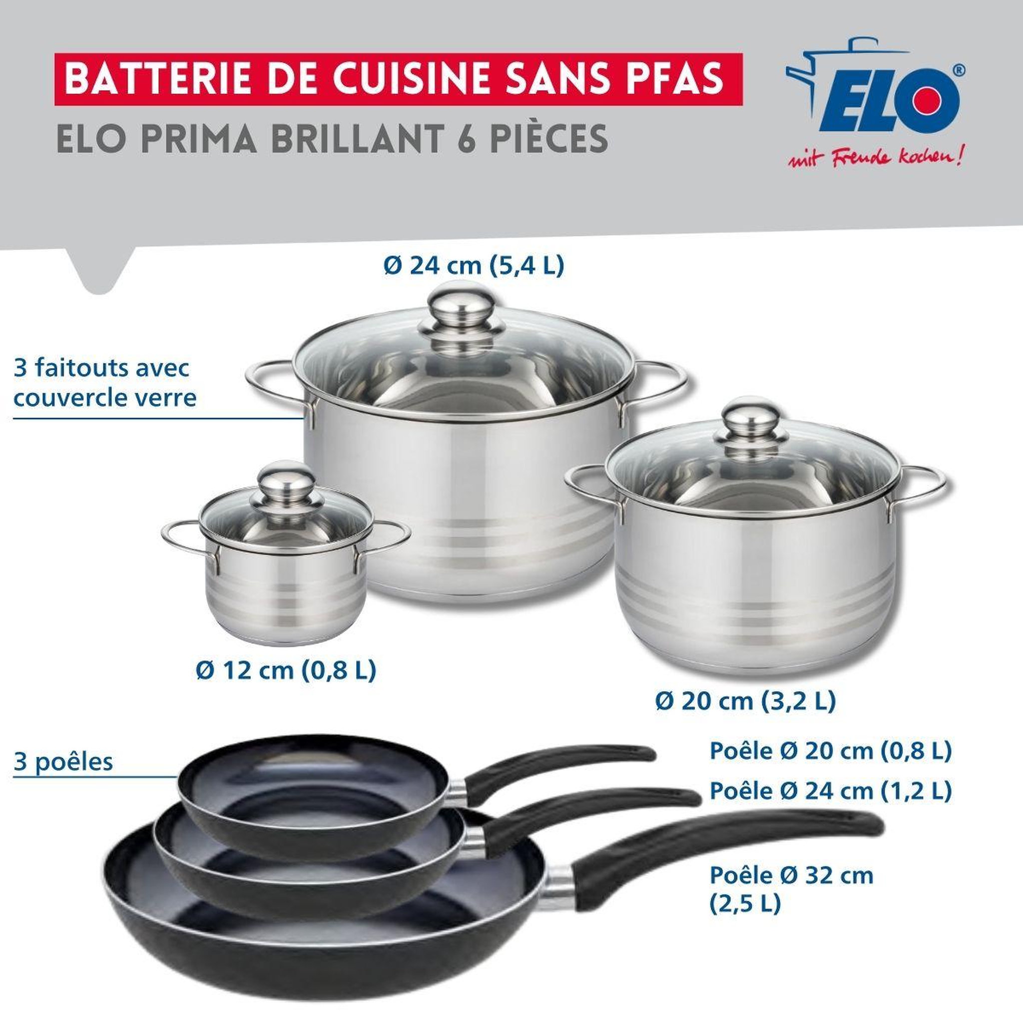 Voir la diapositive 2 : ELO Ensemble de 3 poêles de cuisson 20, 24 et 32 cm et 3 faitouts 12, 20 et 24 cm elo prima brillant