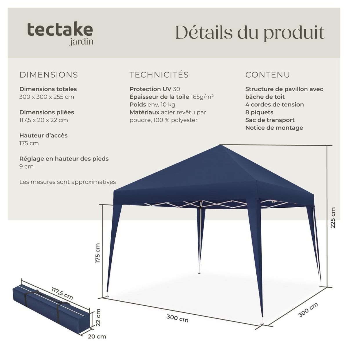 tectake Tonnelle 3 x 3 m bleu